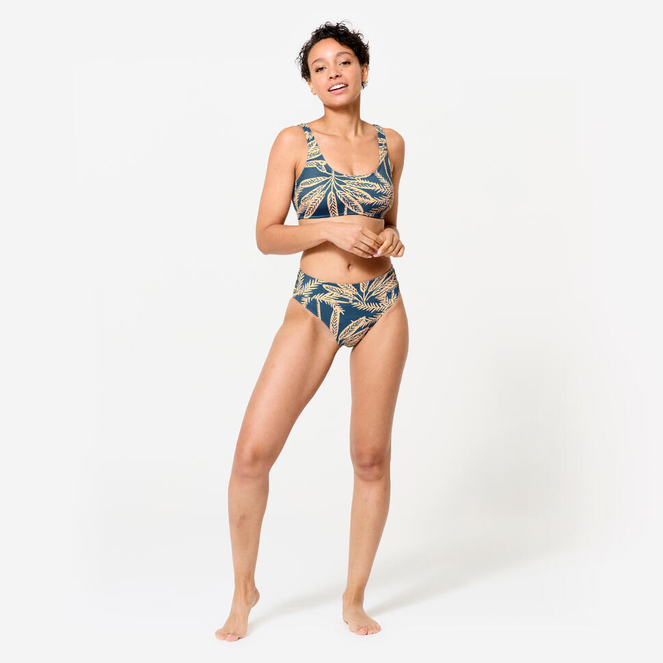 Kadın Sporcu Kesim Yuvarlak Yaka Bikini Üstü - Mavi - Palmiye Desenli - AURELY