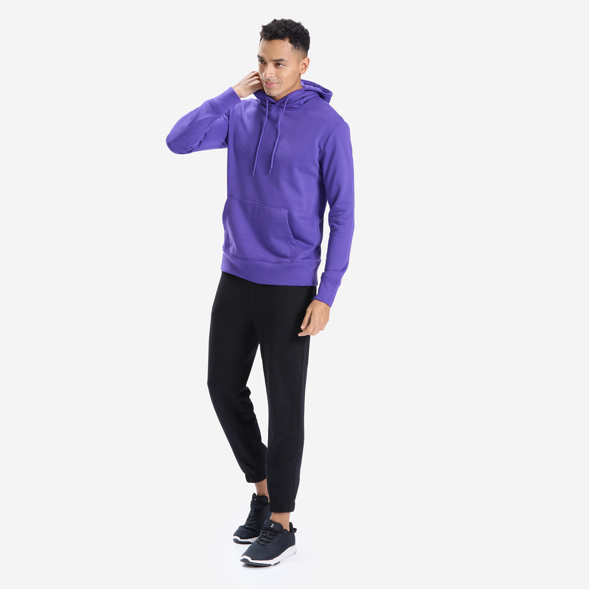 Men Gym Hoodie Sweatshirt 500 Essentials – Soft, Stretchable, Warm – Purple
