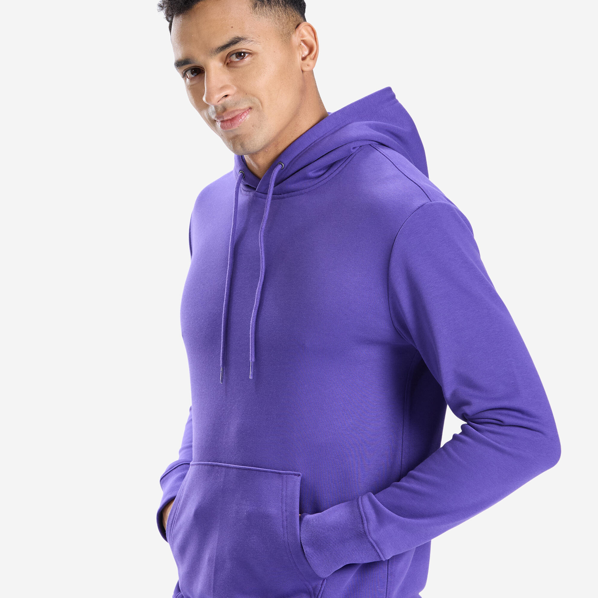 Men Gym Hoodie Sweatshirt 500 Essentials – Soft, Stretchable, Warm – Purple