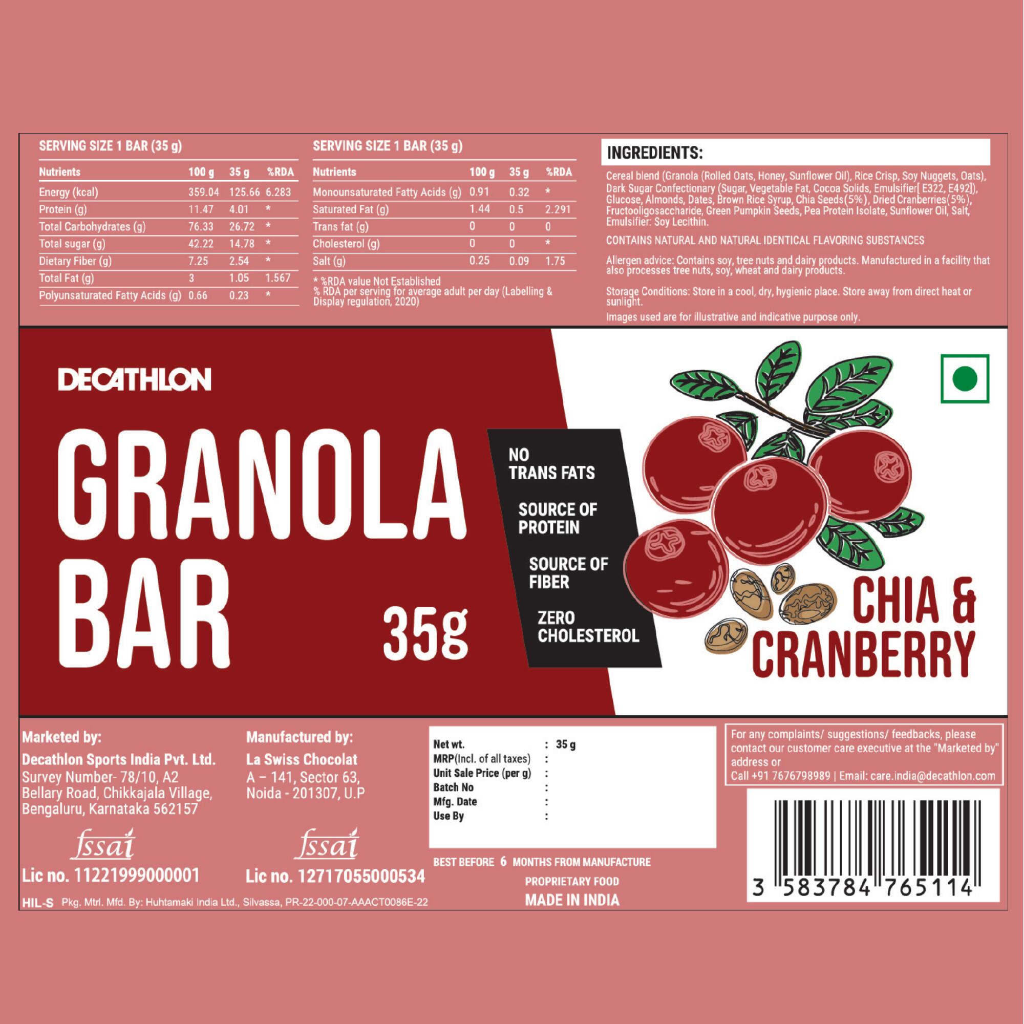 Granola Bar- Chia Cranberry - - Zero Cholestrol, No trans fats,  with Fibre