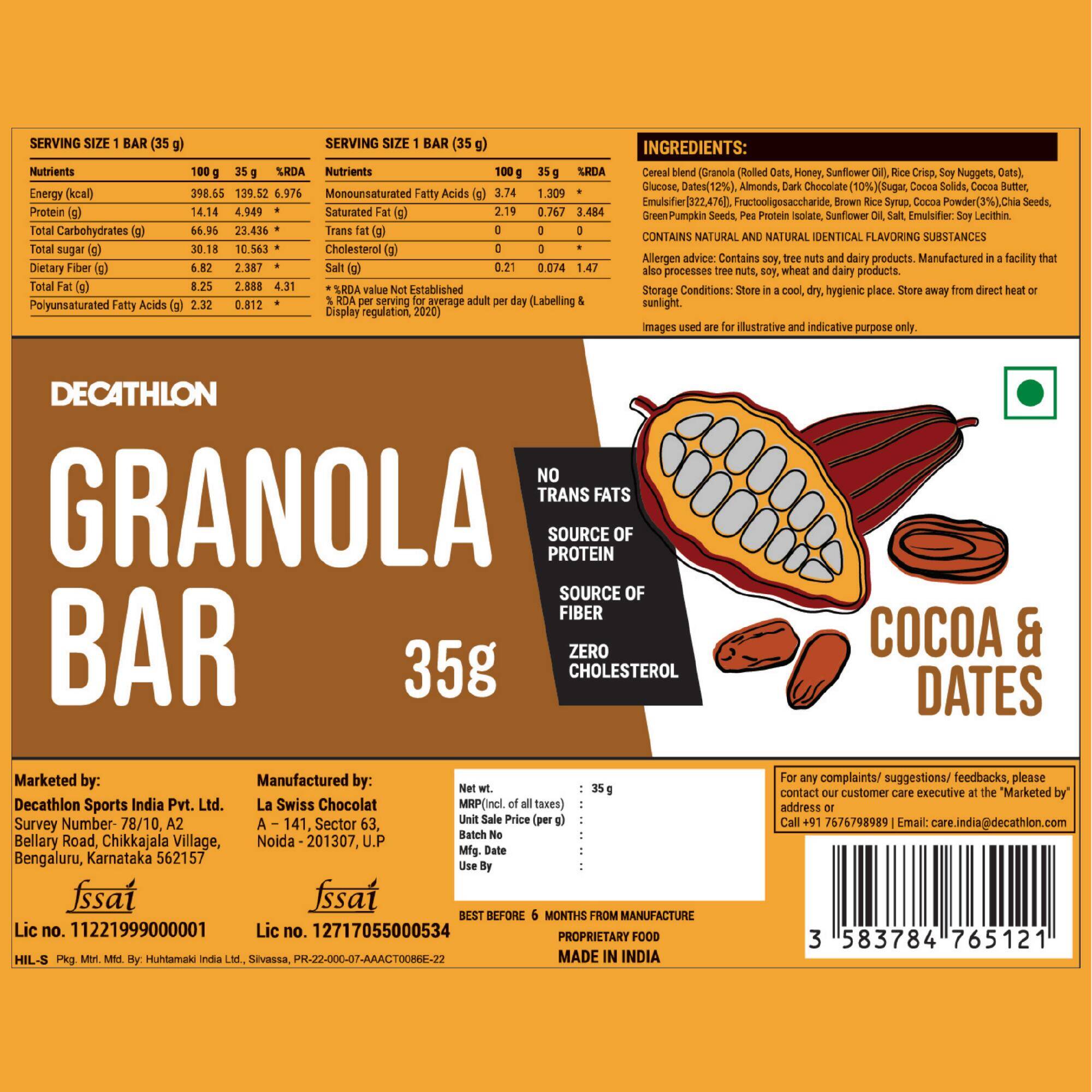Granola Bar-Cocoa and Dates- Zero Cholestrol, No trans fats, with Protein, Fibre -  5