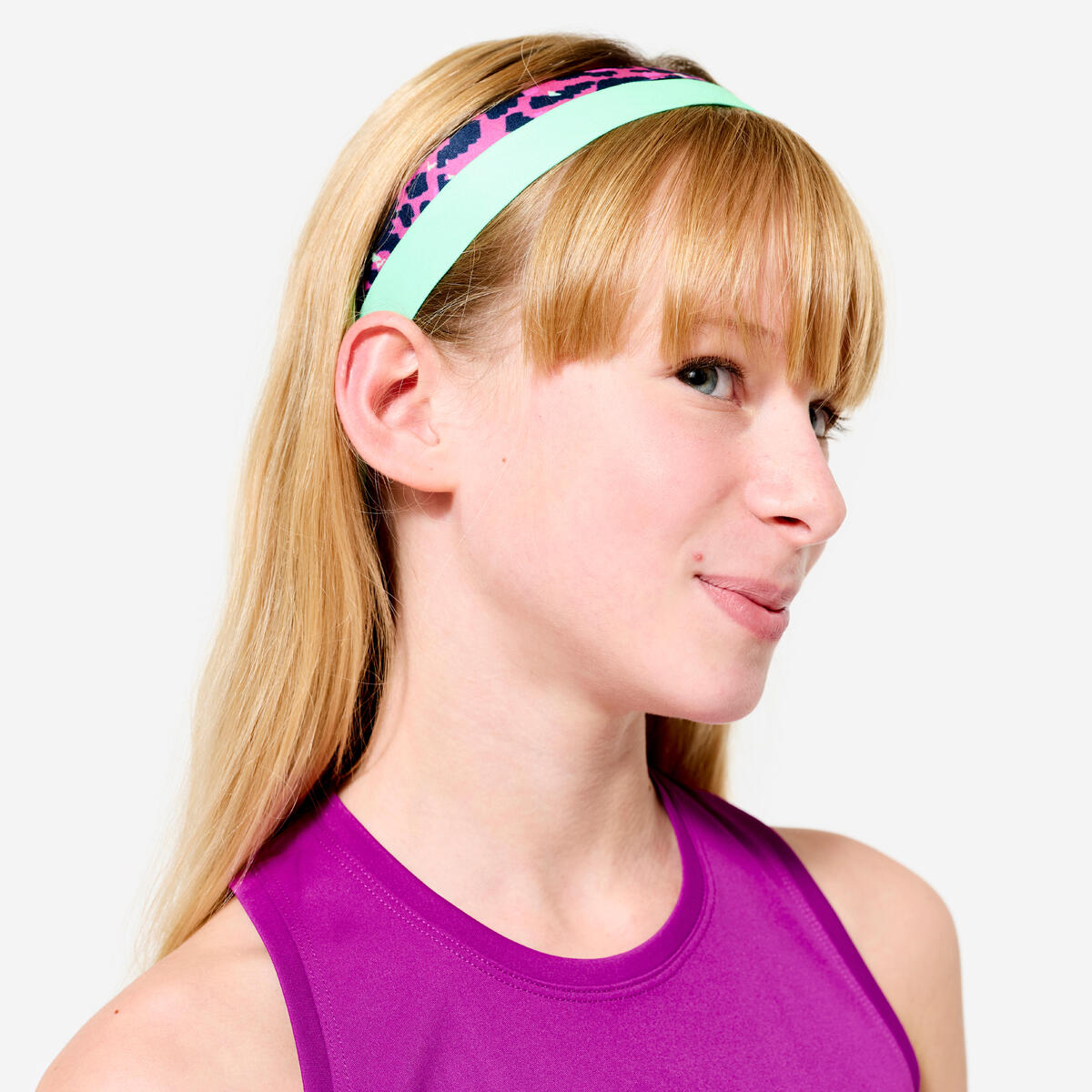 Lot de 2 bandeaux fins multisport fille, Vert et Imprimé léopard violet