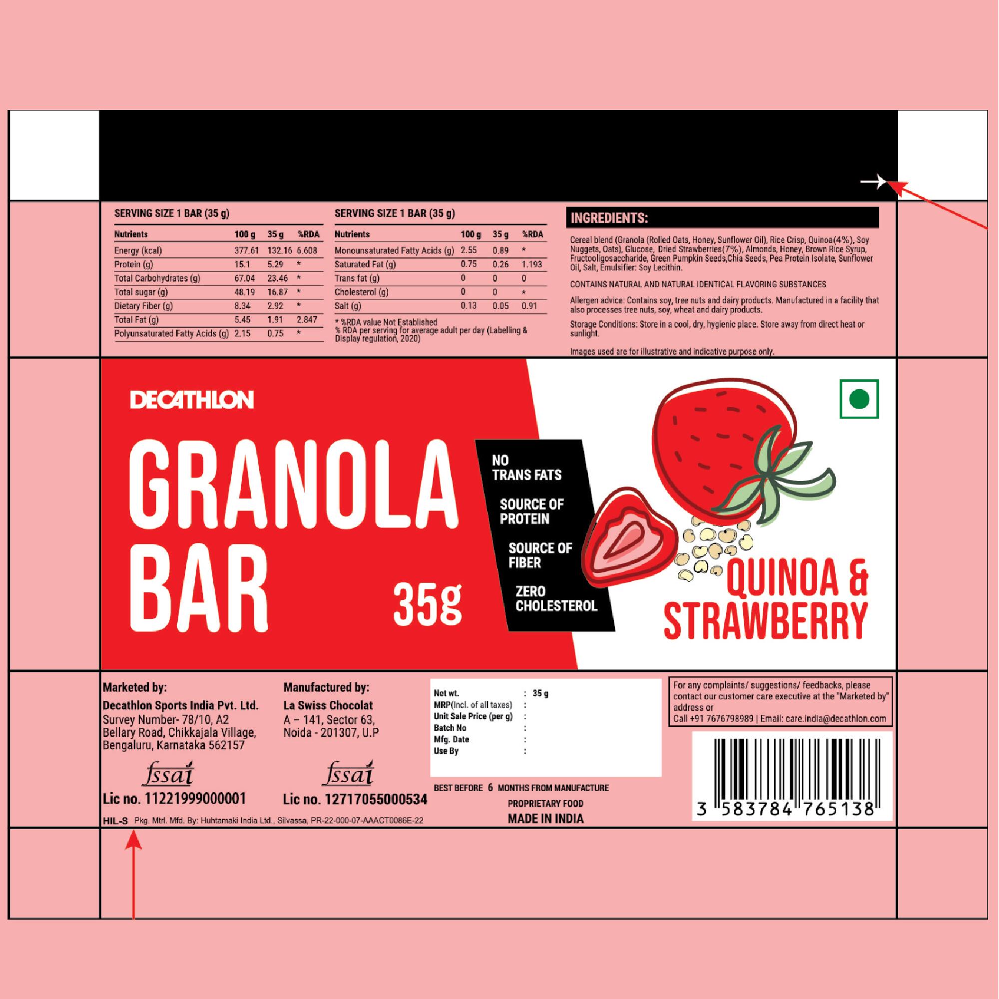 Granola Bar- Quinoa and Strawberry-Zero Cholestrol, No trans fats, with Fibre