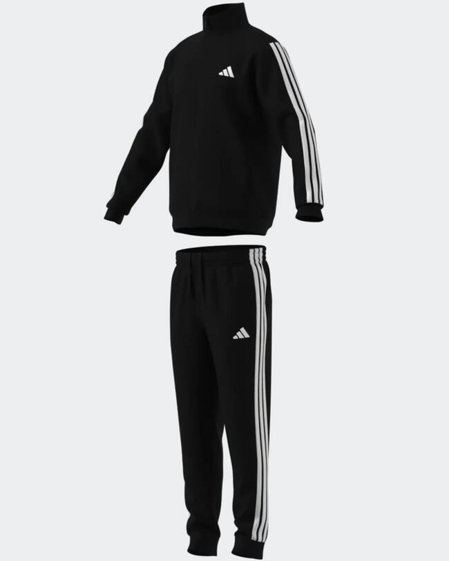 Schwarzer Adidas-Trainingsanzug mit weißem Reißverschluss-Oberteil und passender Hose, beide mit drei Streifen.