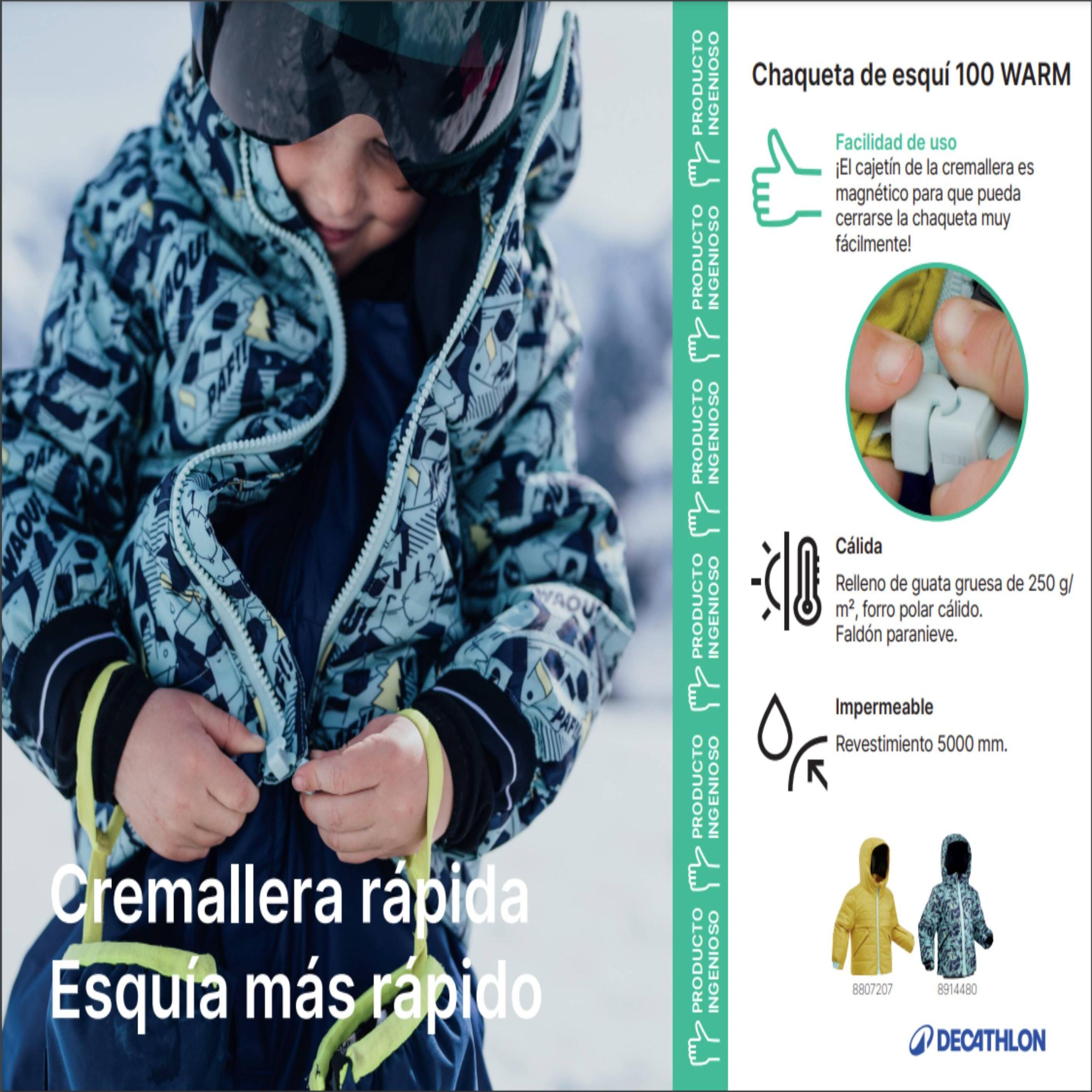 Chaqueta de esquí acolchada con cremallera fácil Niños, Wedze 100 Warm 13/32