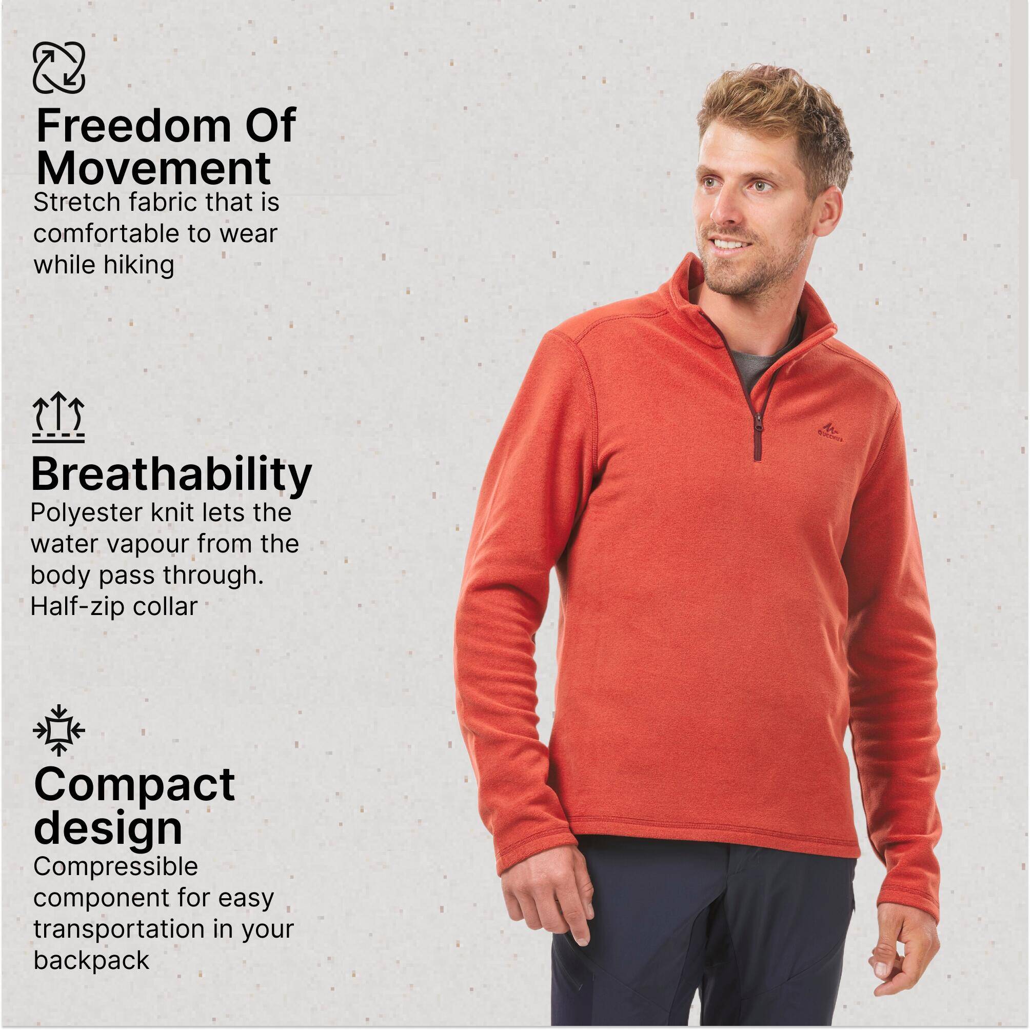 Men Sweater Half-Zip Fleece for Hiking MH100 Red -  3
