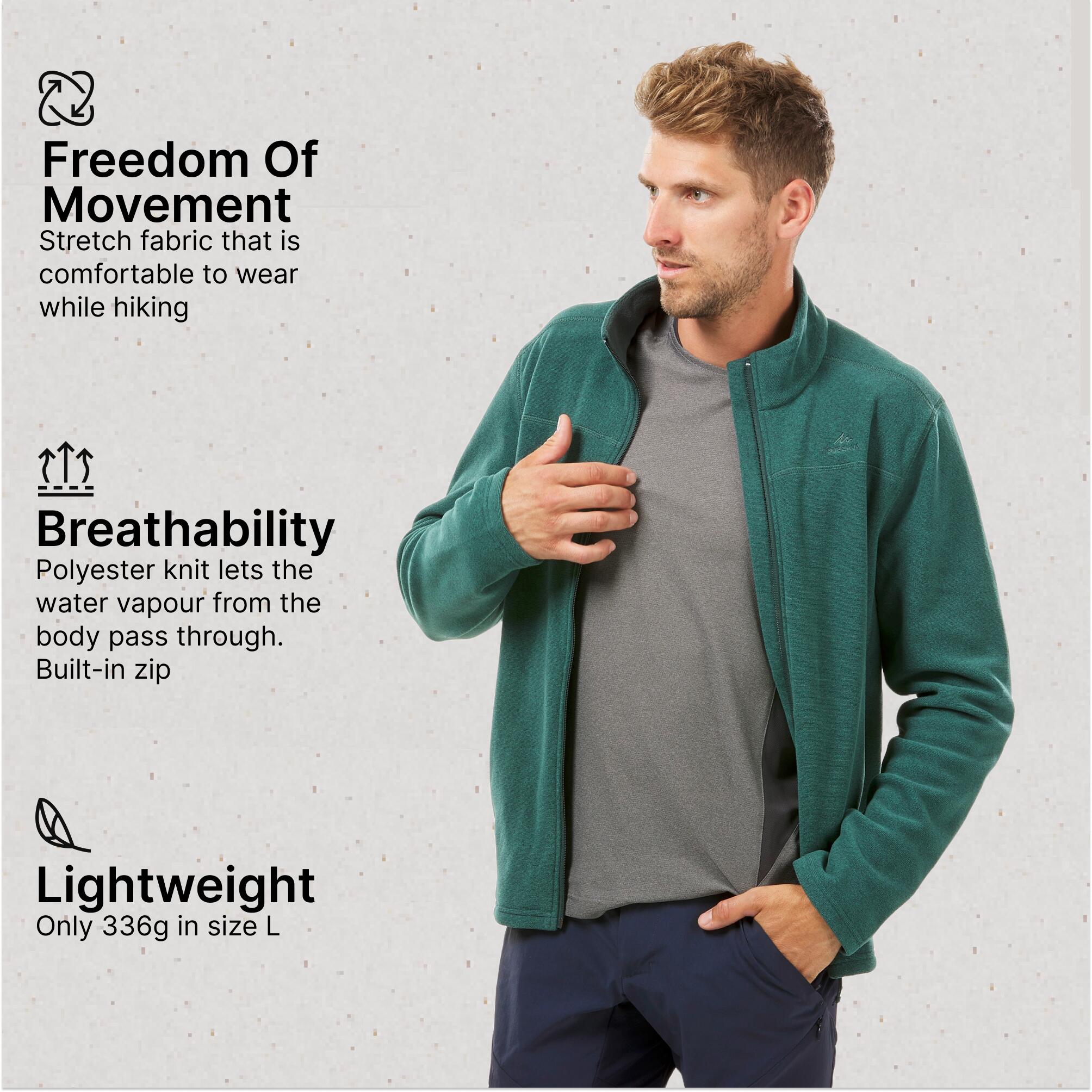 Men Sweater Full-Zip Fleece for Hiking MH120 Green