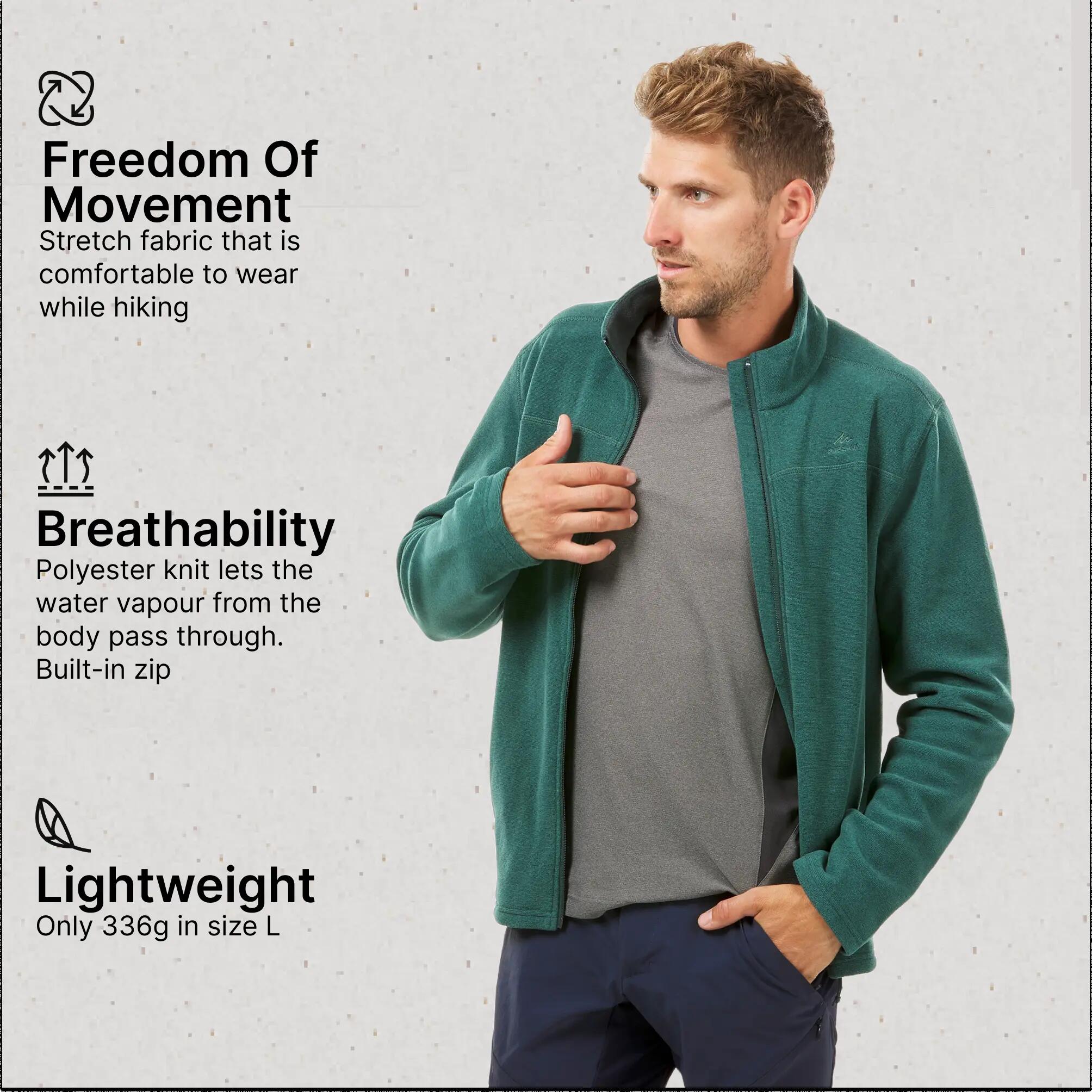 Men Sweater Full-Zip Fleece for Hiking MH120 Green -  5