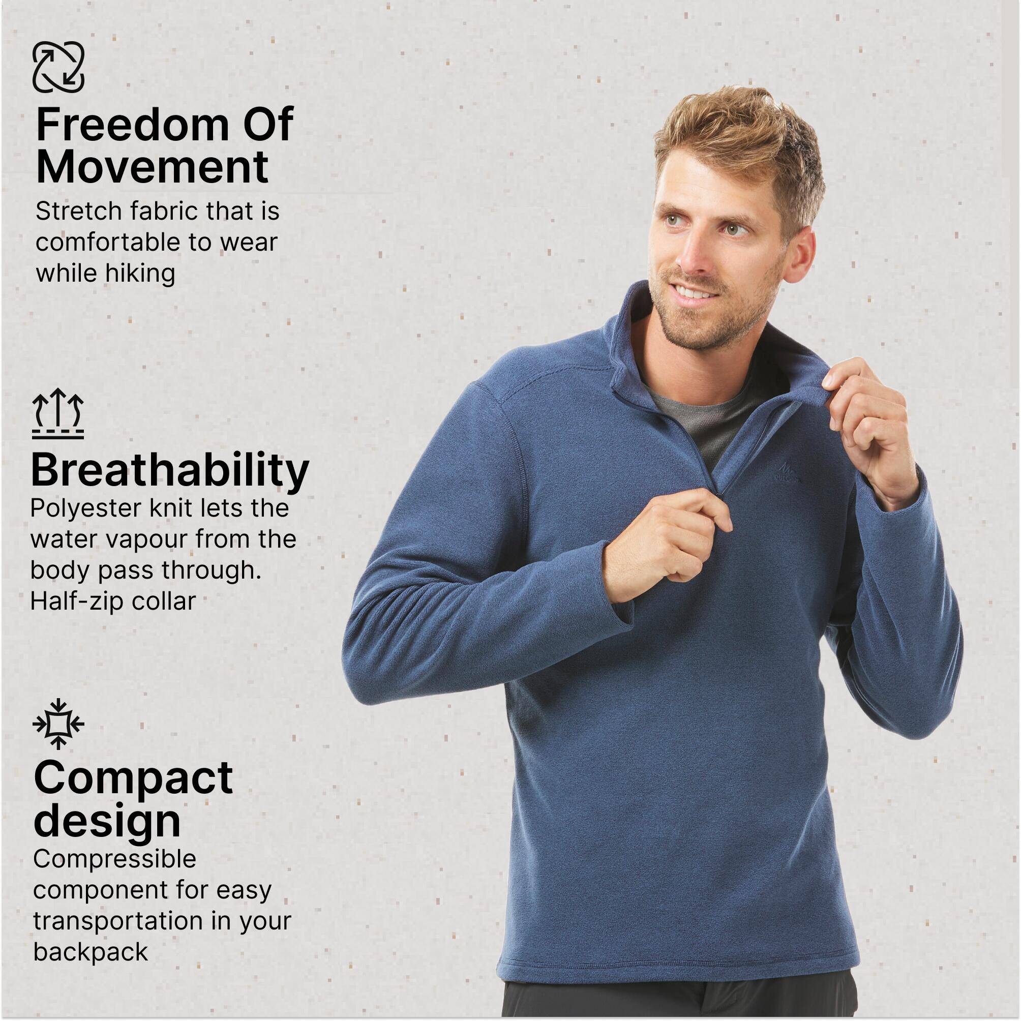 Men Sweater Half-Zip Fleece for Hiking MH100 Navy Blue -  3