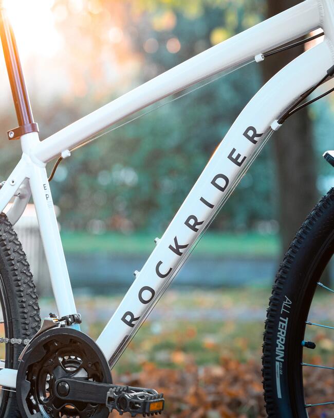 Weißer Fahrradrahmen mit Schriftzug "Rockrider" vor unscharfem Hintergrund mit Sonnenuntergang