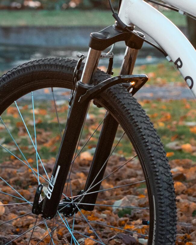 Vorderrad eines Mountainbikes mit schwarzer Gabel, Federung, Felgenbremse vor herbstlichem Hintergrund