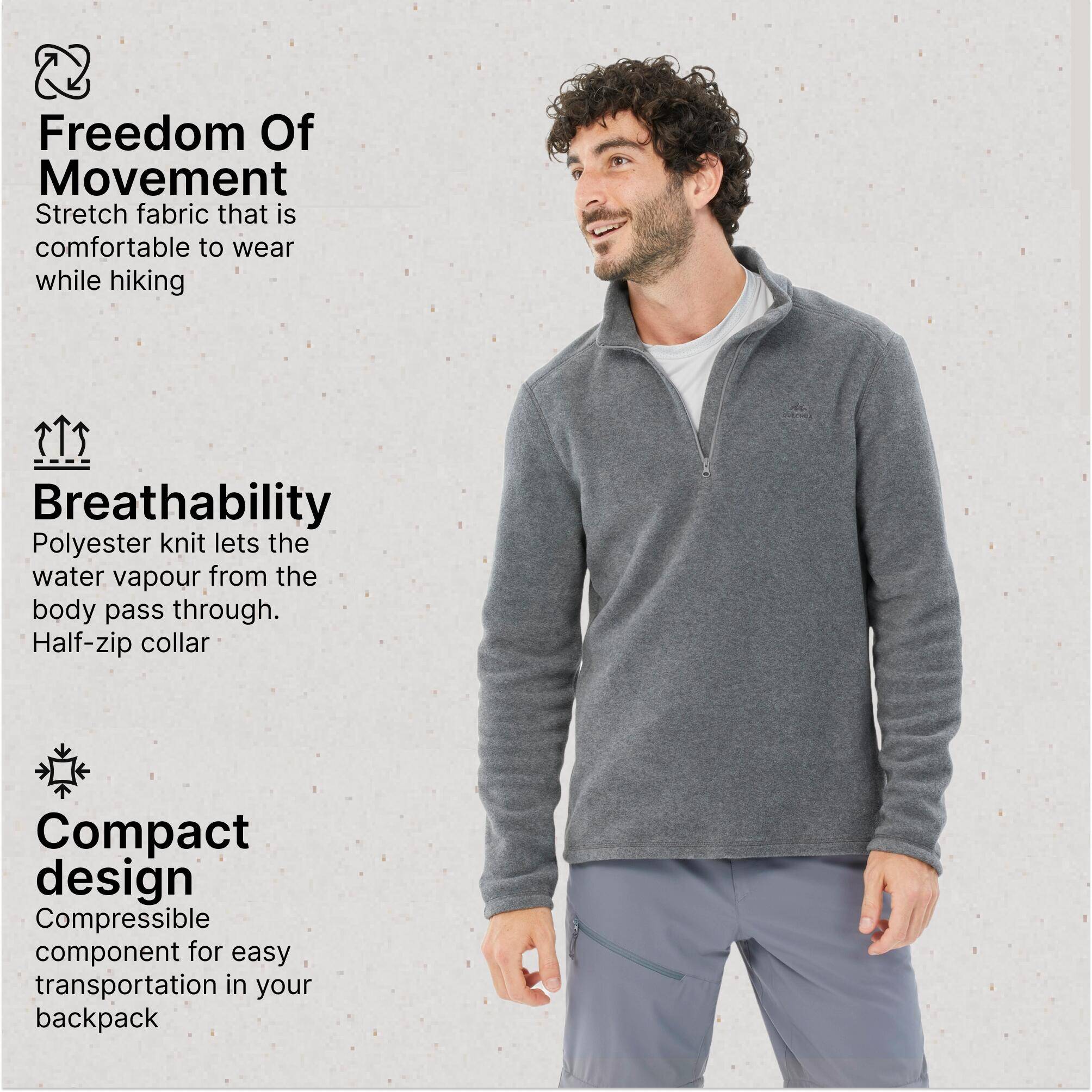 Men’s mountain hiking fleece jacket, MH100 Half Zip - Grey -  3
