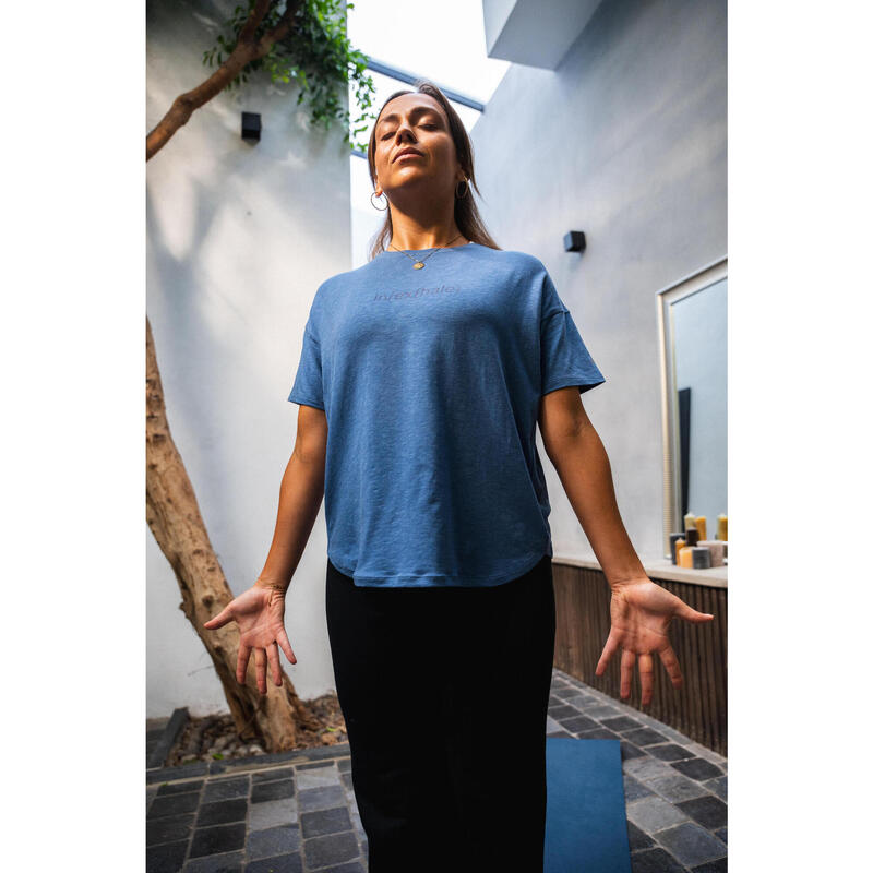 T-shirt manches courtes de yoga femme, bleu foncé