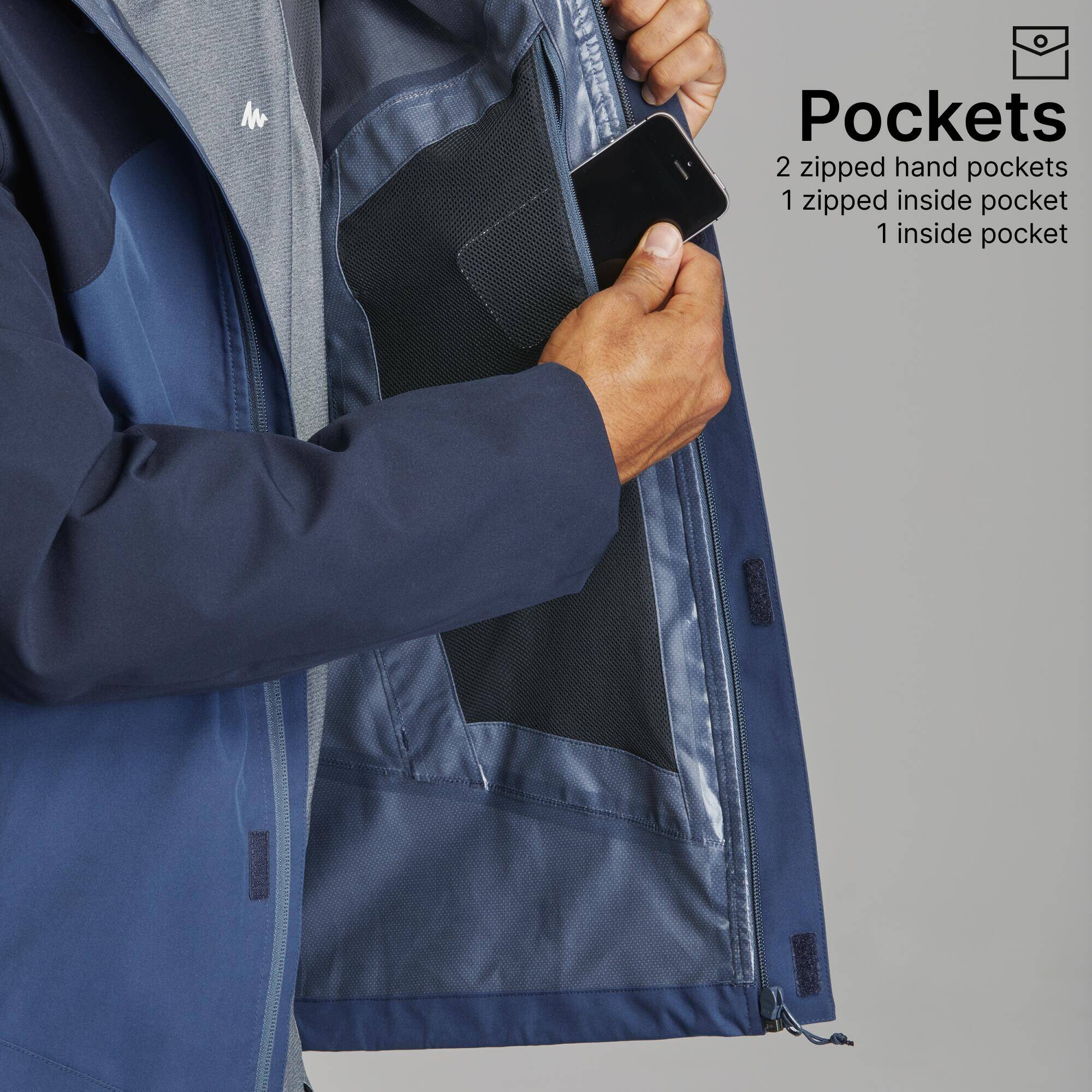 Men Full Zip Waterproof Rain Jacket and Windcheater Blue Black - MH150 -  3