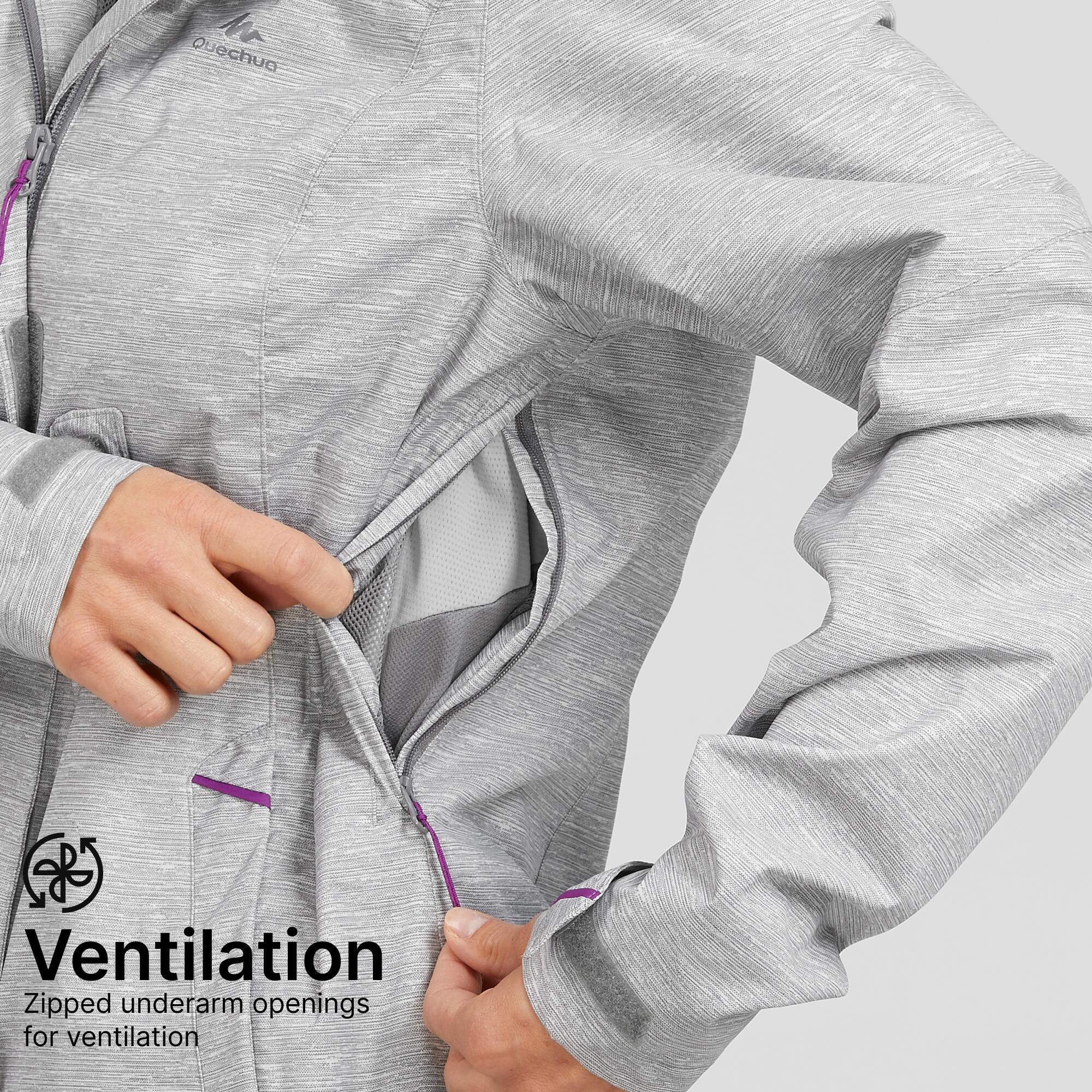 Women Full Zip Rain Jacket with Secure Chest Pocket Dusk Grey - NH500