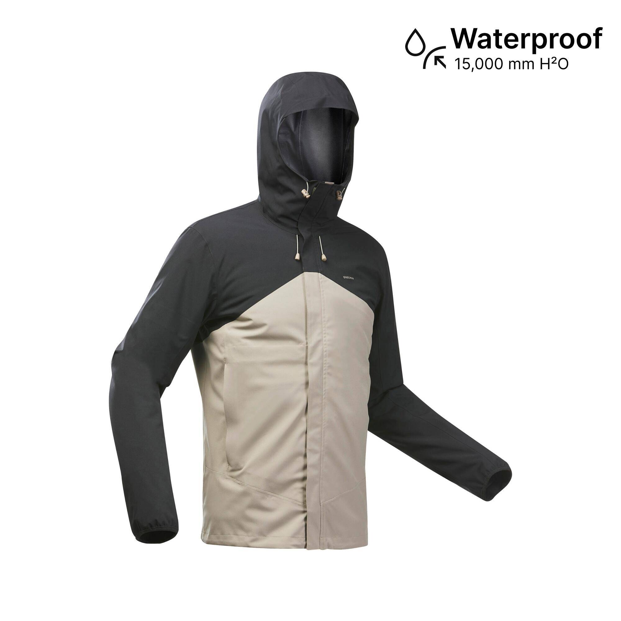 Raincoat Men Full Zip Waterproof Hiking Rain Jacket and Windcheater MH150 - Beige  -  2