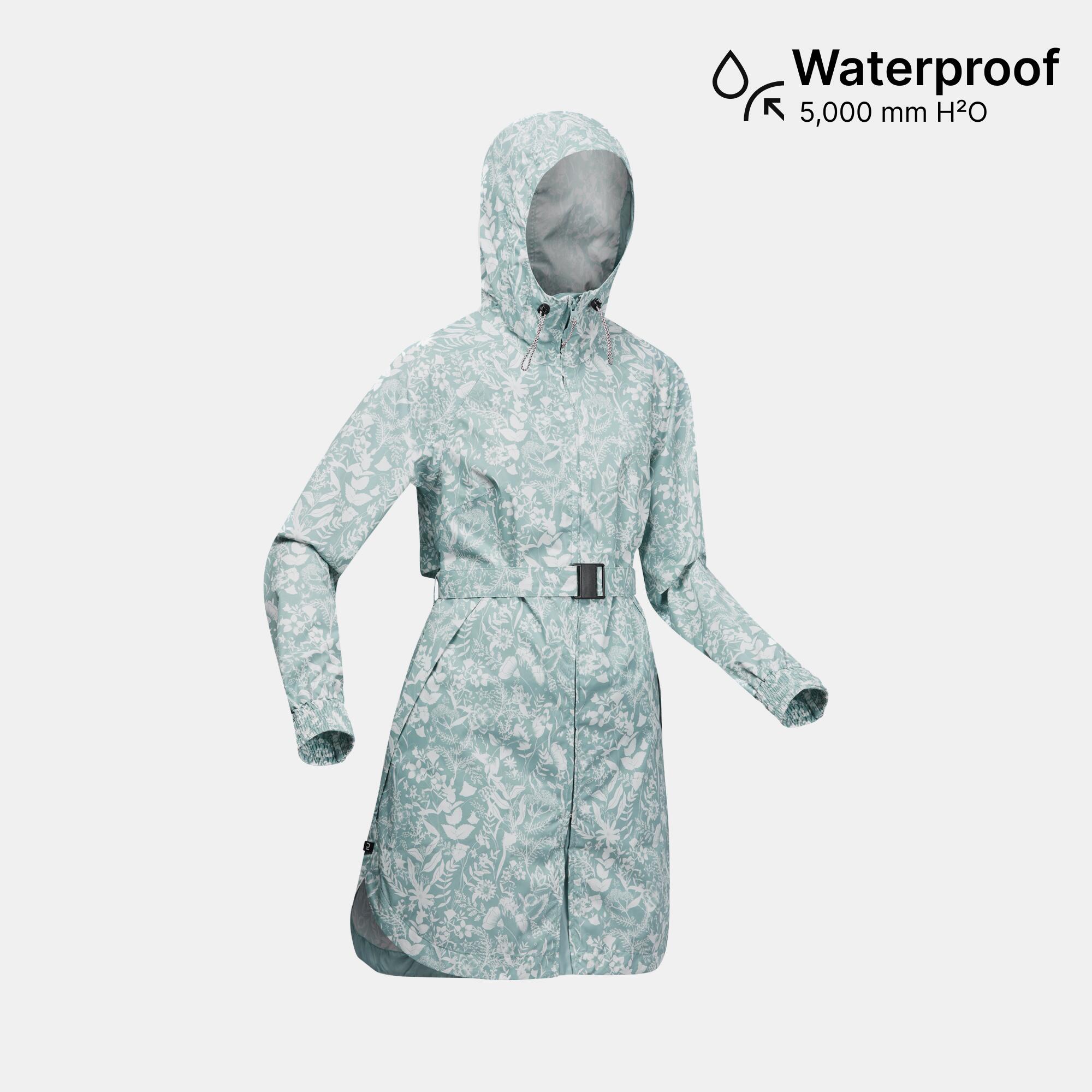 Women Waistbanded Rain Jacket with Storage Pouch Floral Print - NH150