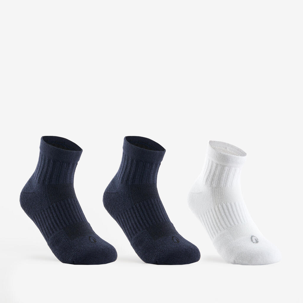 Kids' Mid Sports Socks RS 500 Tri-Pack - White/Navy