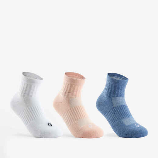 
      Kids' Mid Sports Socks RS 500 Tri-Pack - Pink/White/Blue
  