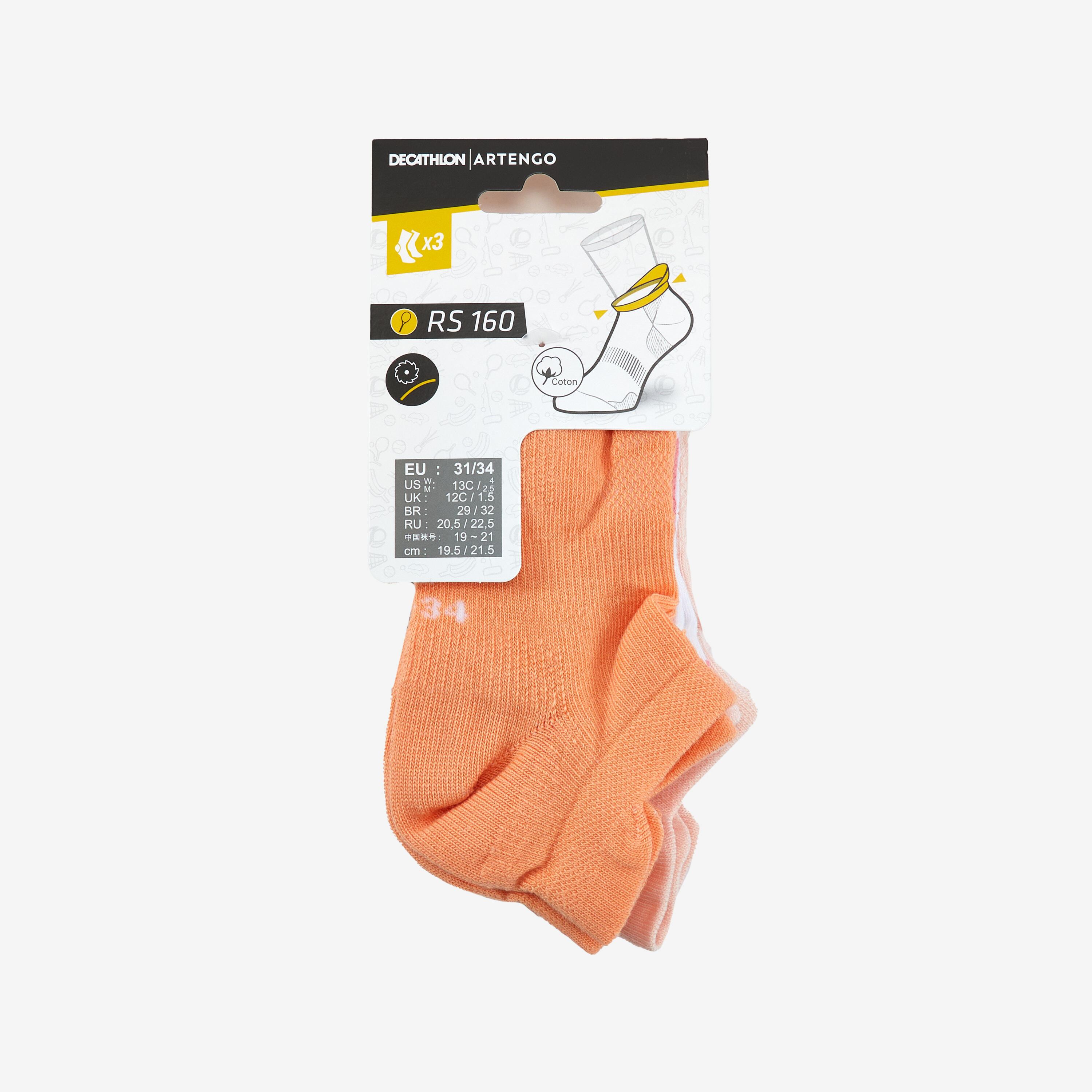 Chaussettes tennis enfant basses Artengo RS 160  orange, rose en lot de 3 8/8