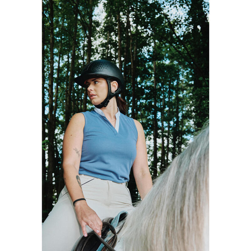Mouwloos poloshirt voor paardrijden dames 500 mesh komeetblauw