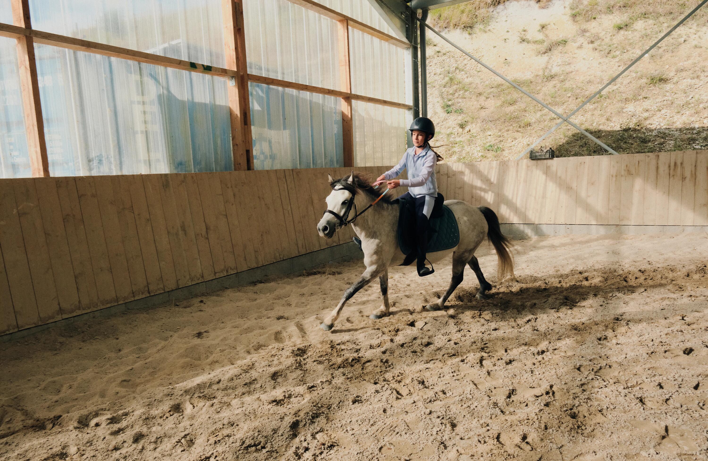 Junges Mädchen, führ ihr pony die Stallgasse entlang