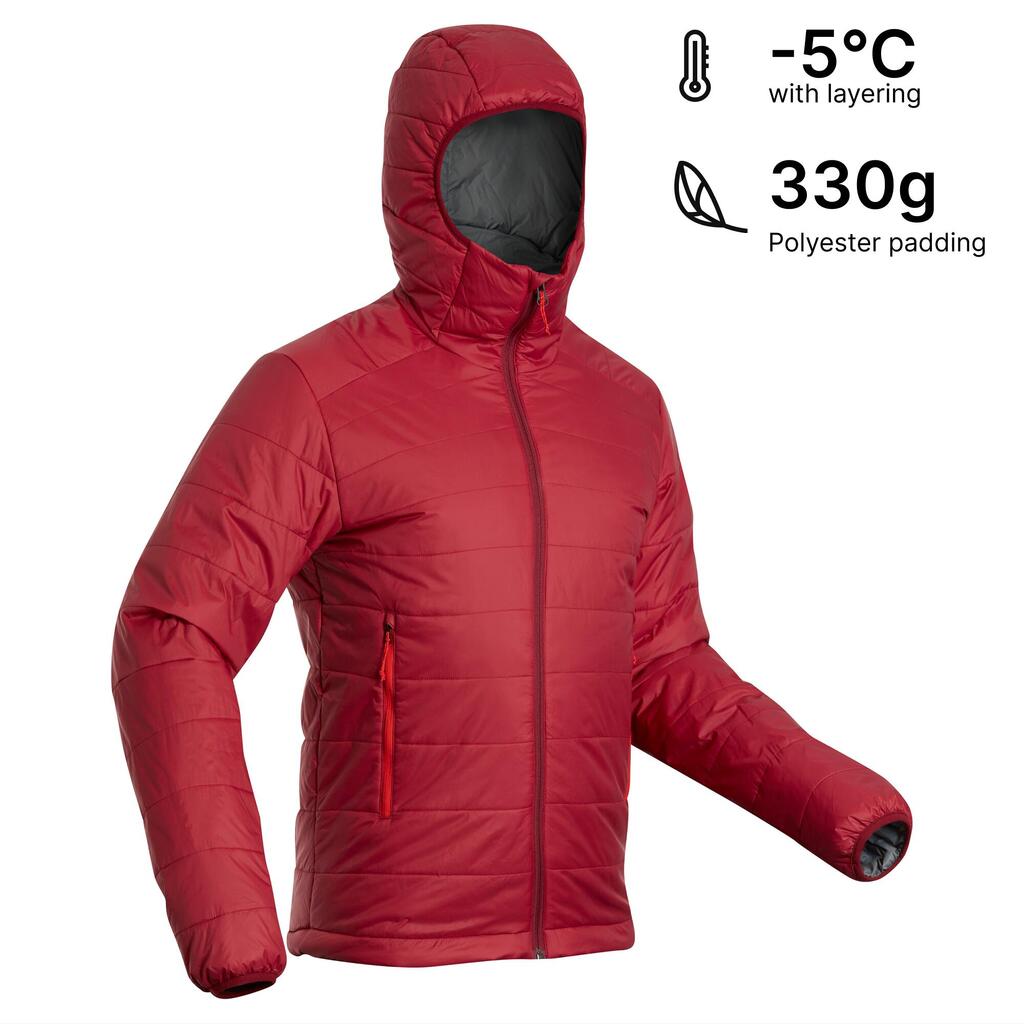 Men’s synthetic padded trekking jacket with hood, MT100 -5°C - Red