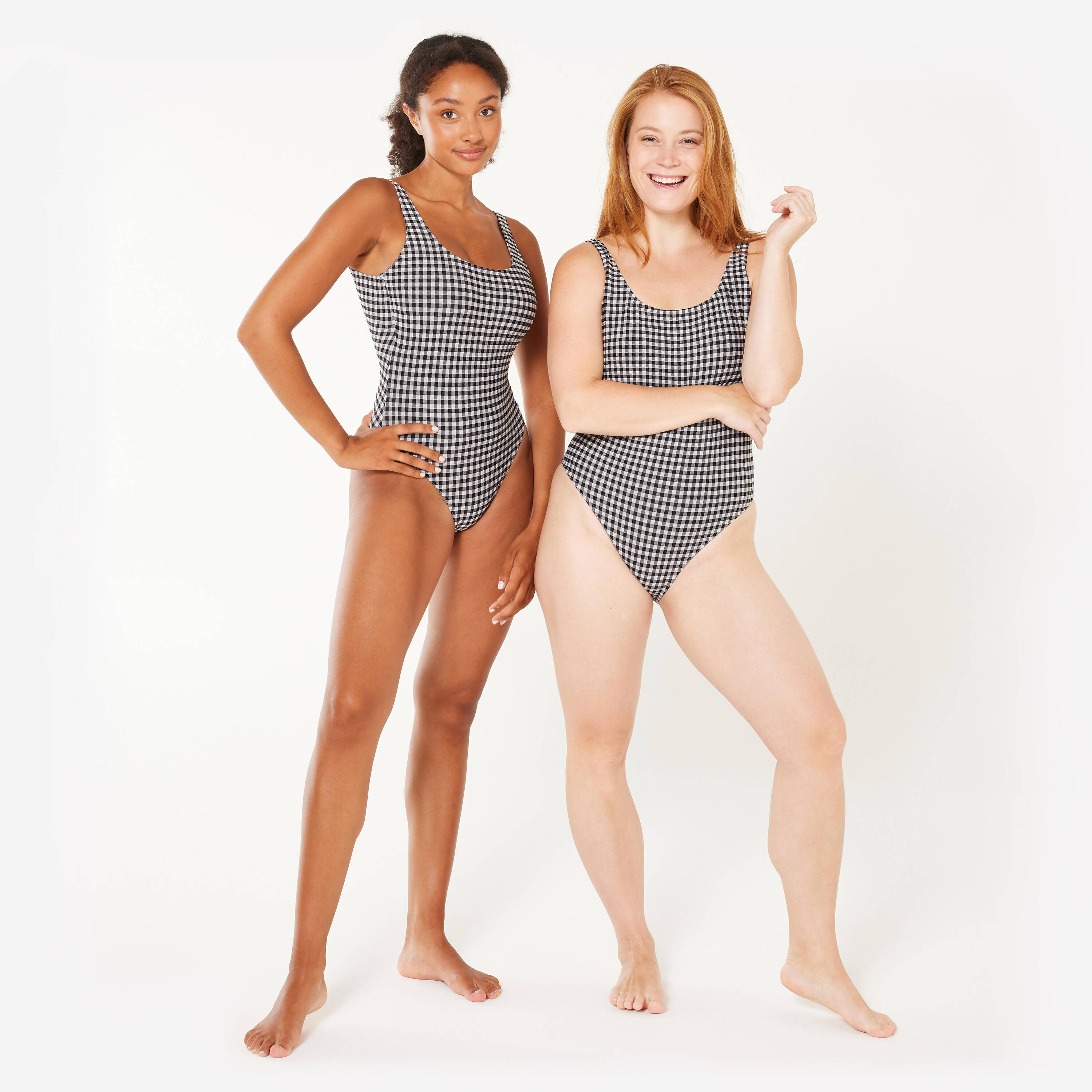 Women’s textured 1-piece swimsuit - Aurely vichy black and white -  3