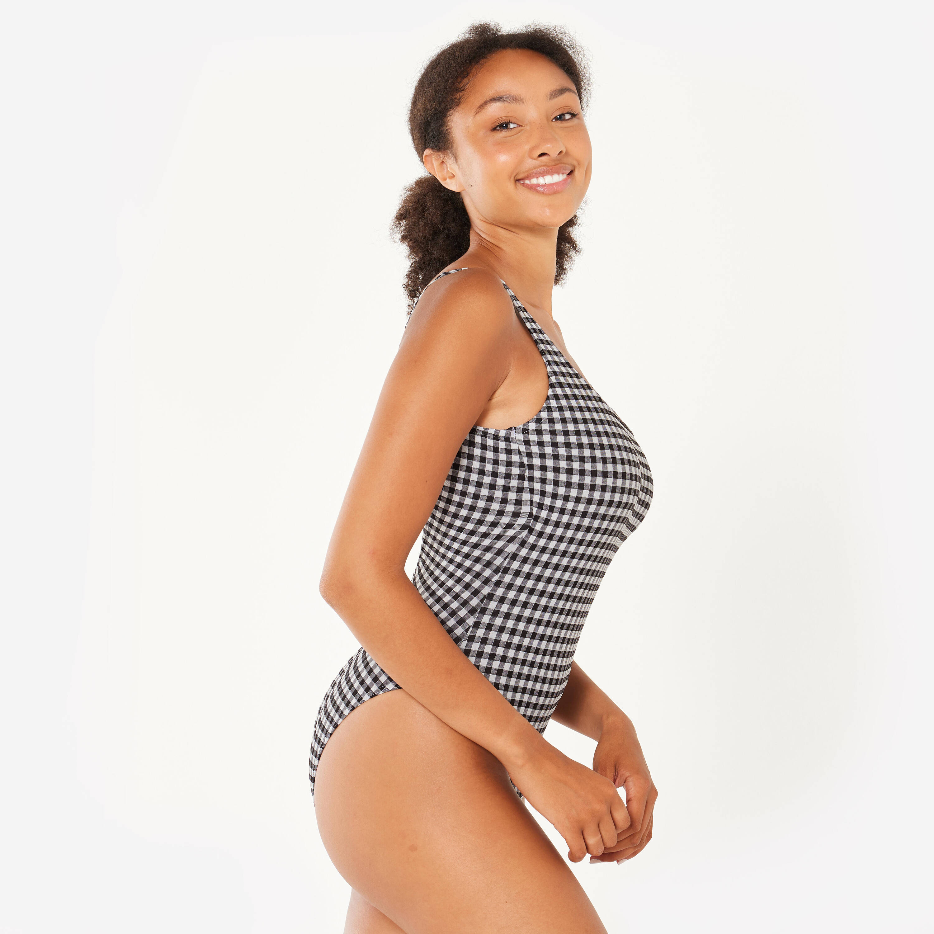 Women’s textured 1-piece swimsuit - Aurely vichy black and white -  4