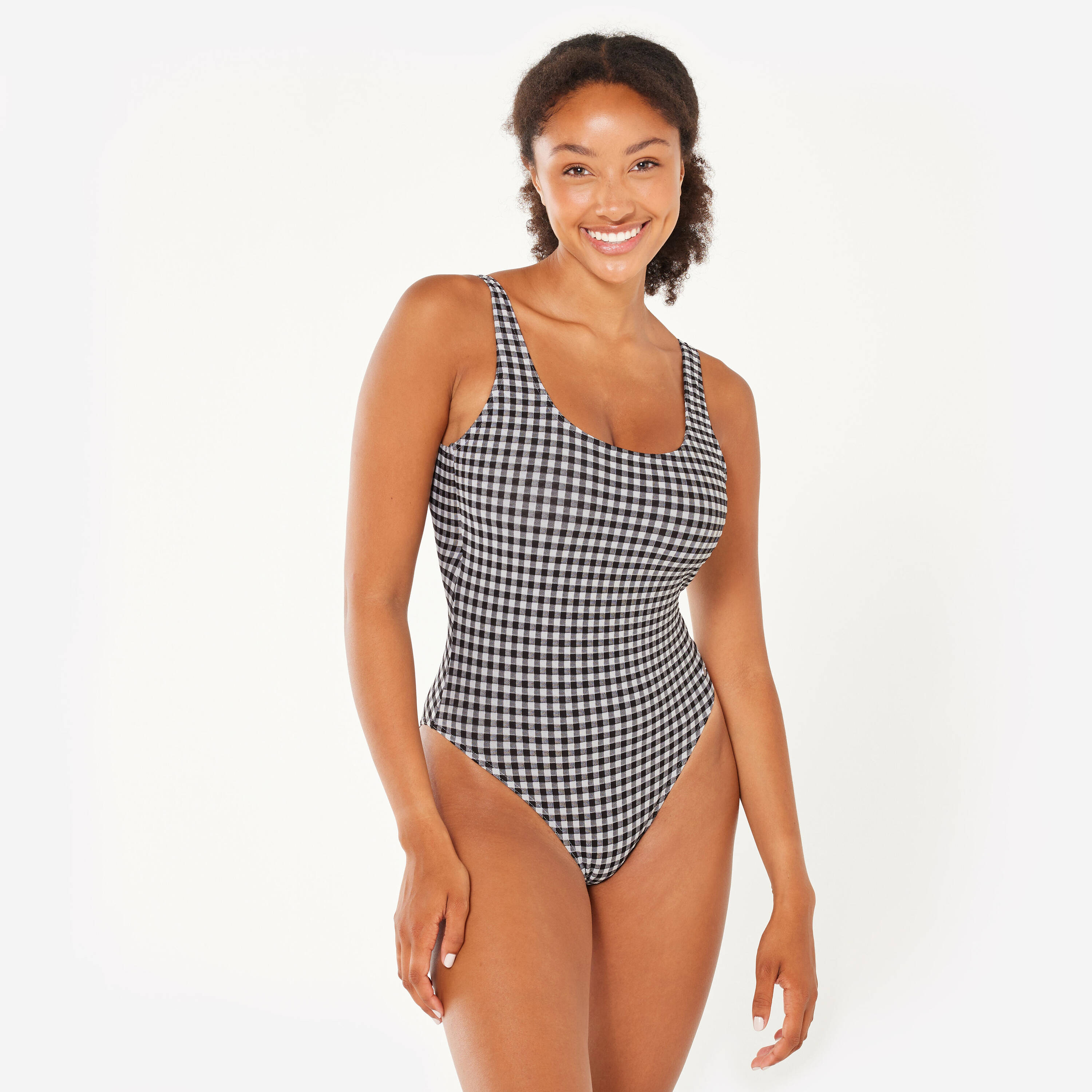Women’s textured 1-piece swimsuit - Aurely vichy black and white -  1