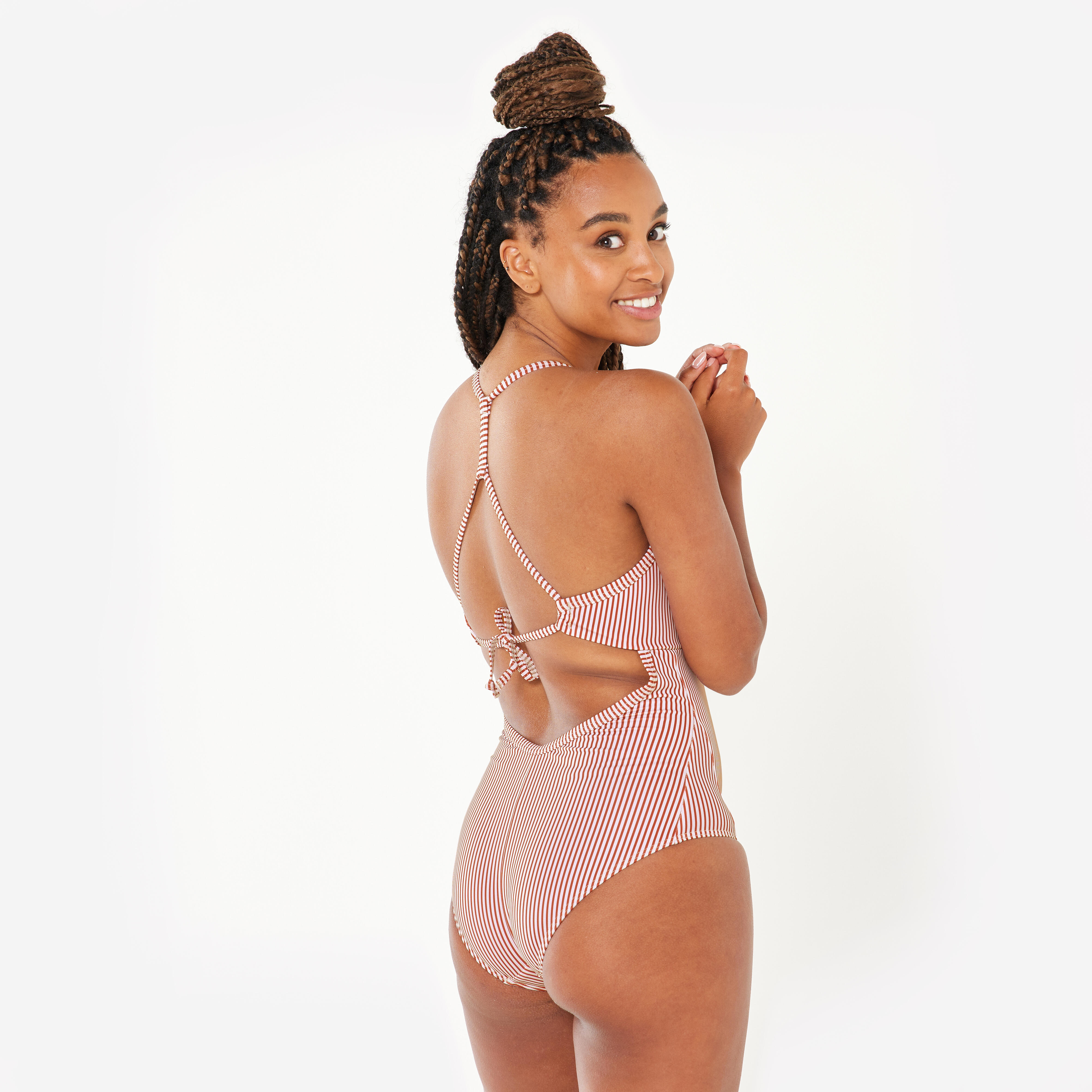 Women’s surfing striped 1-piece swimsuit - Bea red and white