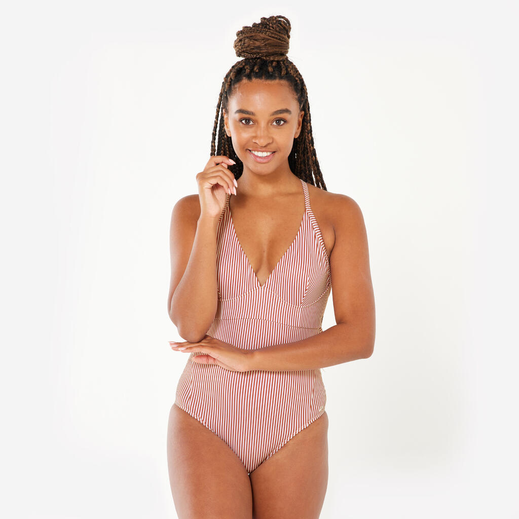 Women’s surfing striped 1-piece swimsuit - Bea red and white
