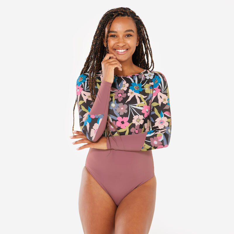 Maillot de bain surf 1 pièce manches longues fleuri Femme - Mary azalea violet