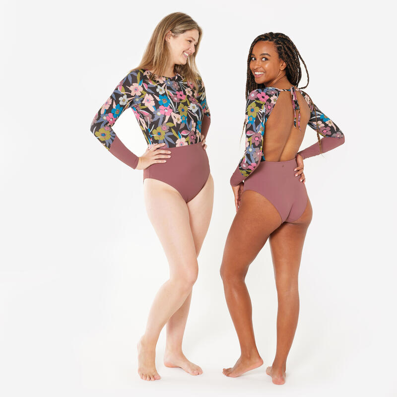 Maillot de bain surf 1 pièce manches longues fleuri Femme - Mary azalea violet