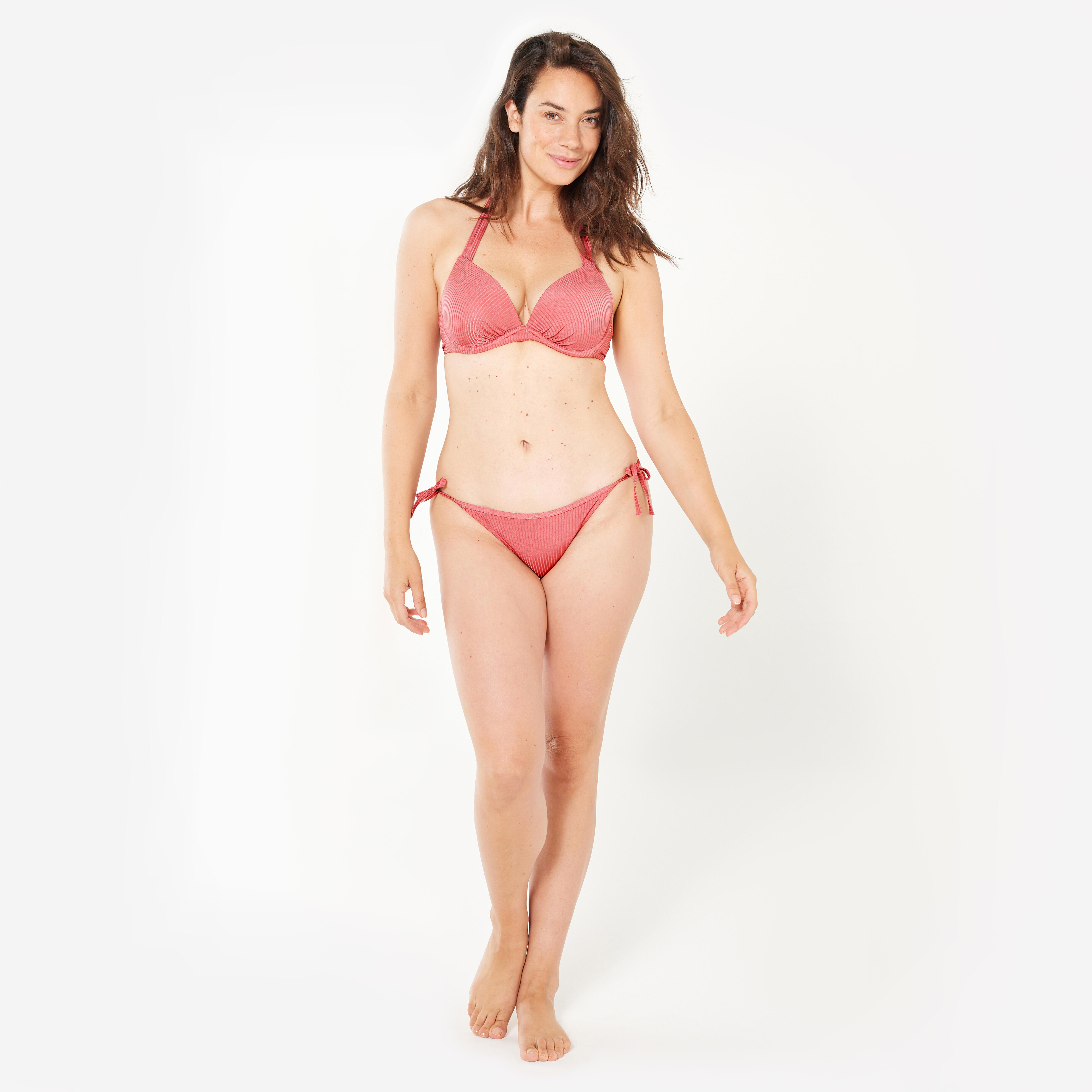 Women's Push-Up Swimsuit Top with Fixed Padded Cups ELENA - RIBBED PLAIN PINK