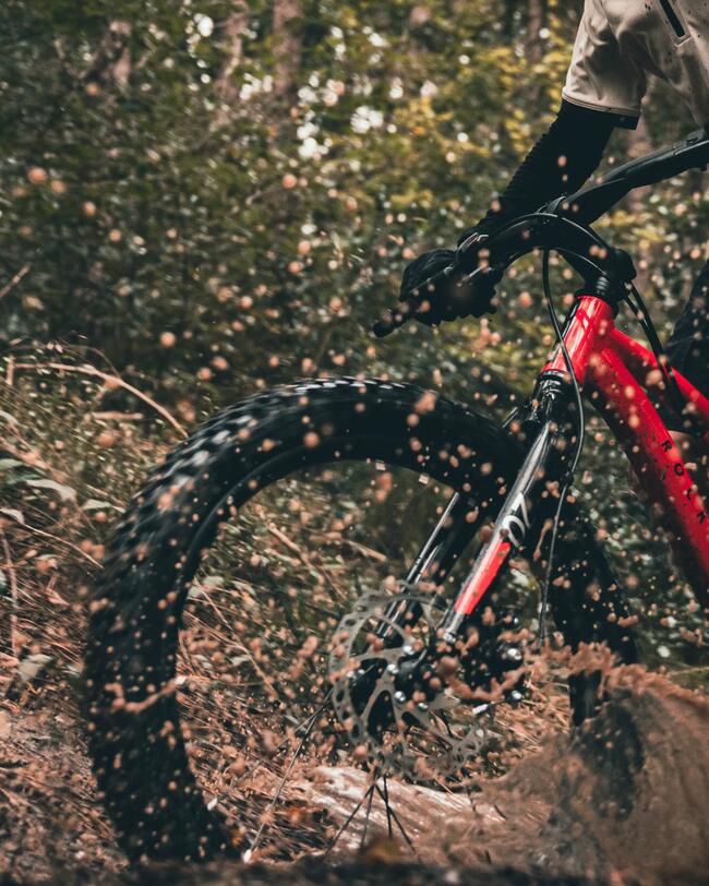 Kind fährt mit rotem Mountainbike durch eine Pfütze im Wald. Wasser spritzt.