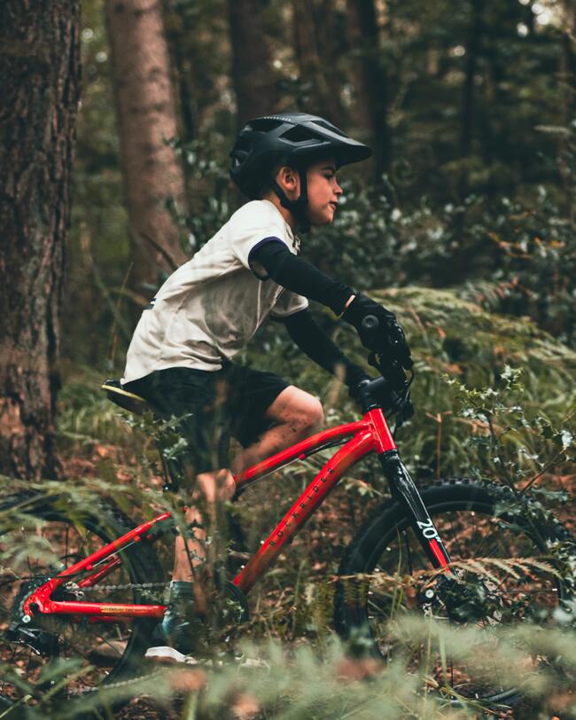 Kind fährt auf rotem Mopuntainbike durch dochtbewachsenenWald