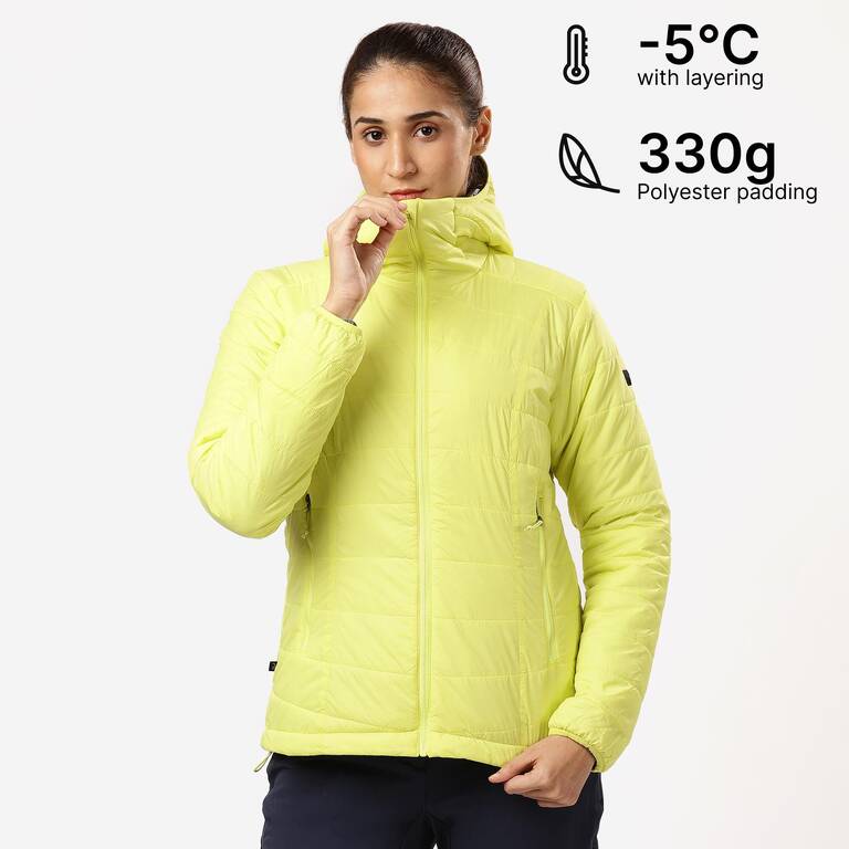 Women Warm Puffer Jacket with hood for mountain trekking- MT100 -5°C - Yellow