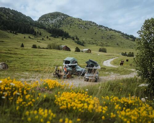 Ludzie podróżujący overlanding siedzący na krzesłach turystycznych w polu