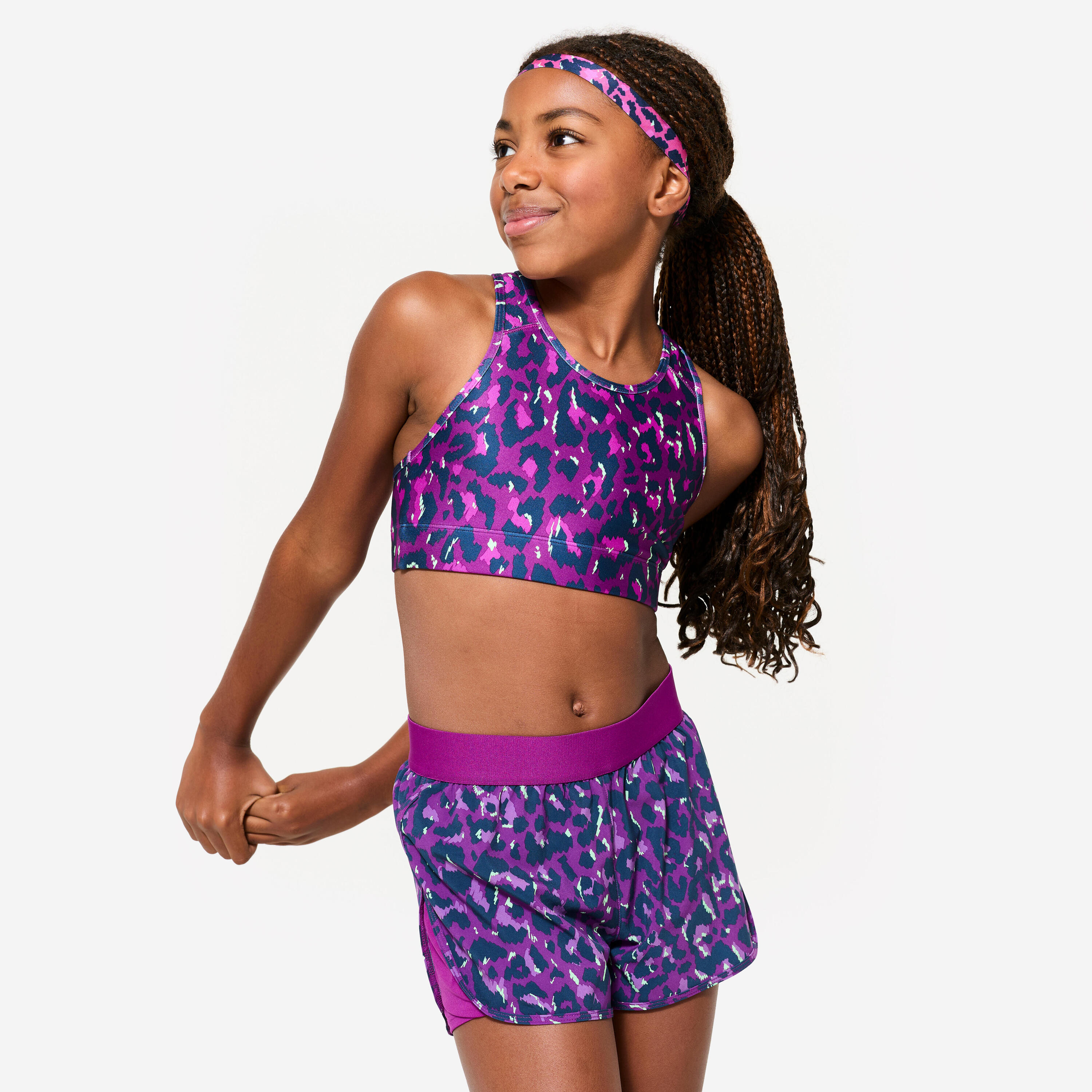 DECATHLON Sujetador Deportivo Niña Violeta Estampado Leopardo Transpirable