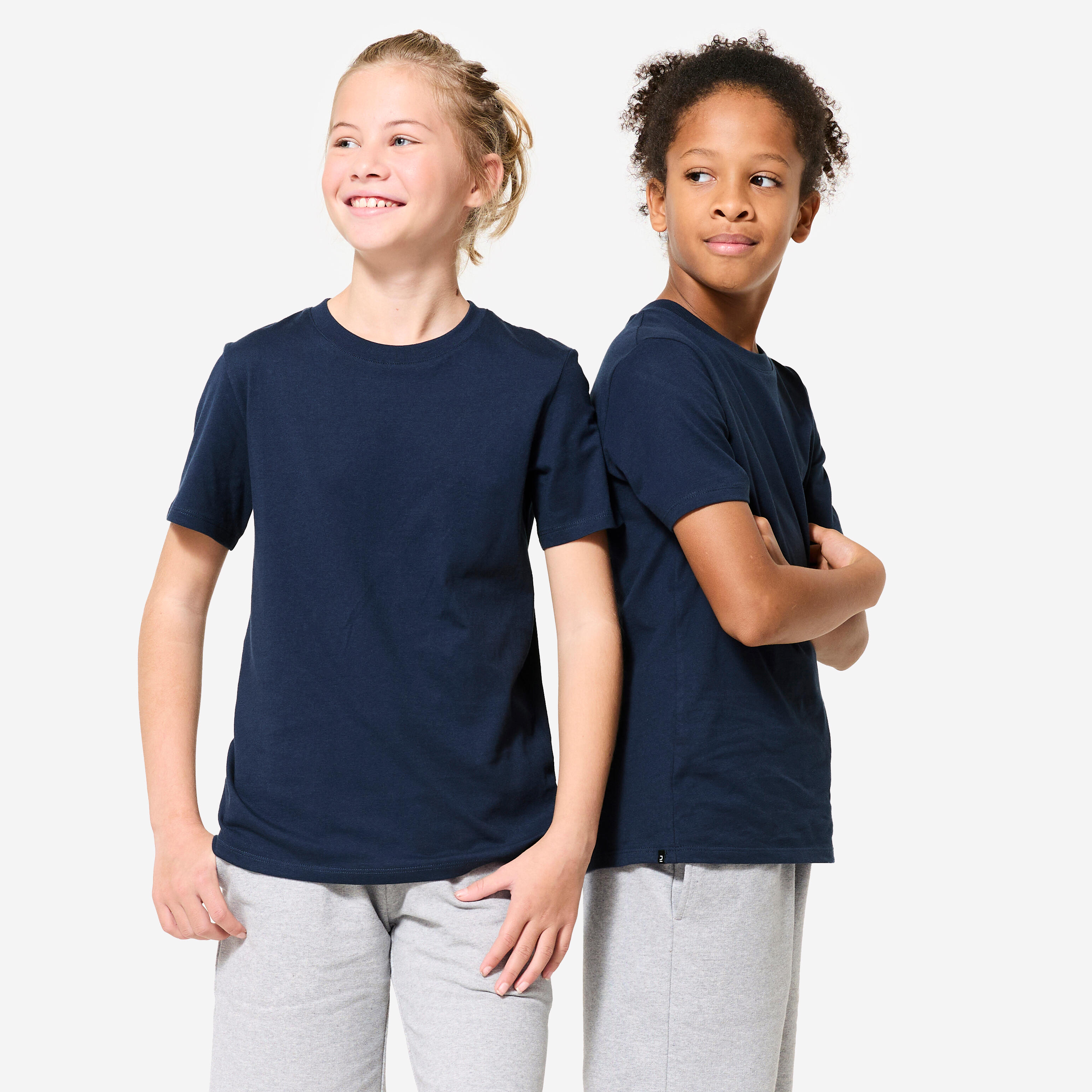 DOMYOS Detské bavlnené tričko unisex na cvičenie tmavomodré 131-140 cm