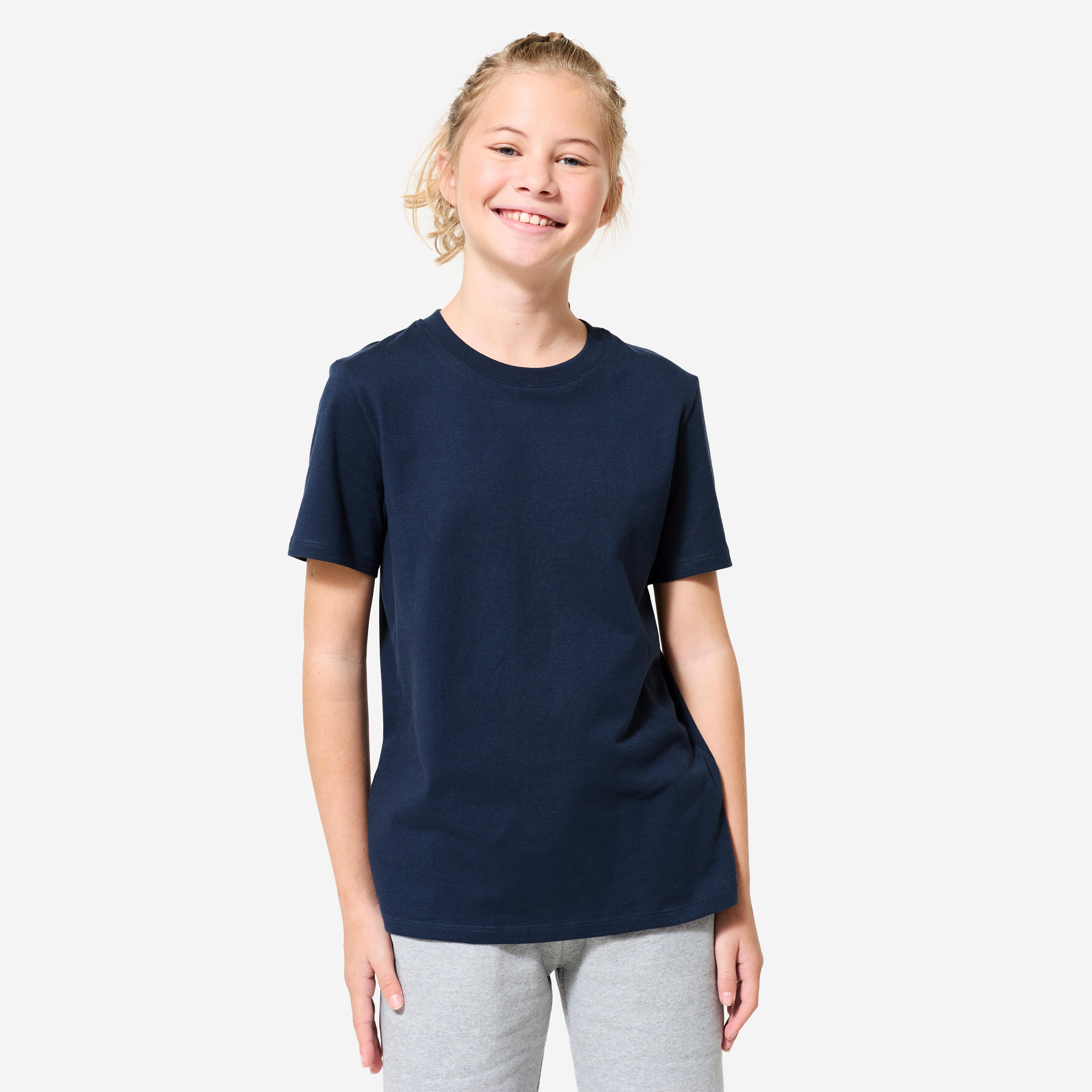 DOMYOS Detské bavlnené tričko unisex na cvičenie tmavomodré 10-11 r (141-150 cm) · záber 6