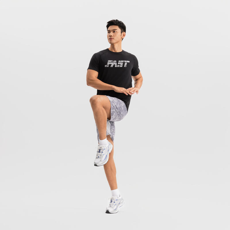 Erkek Spor Şortu - Fermuarlı Cepli - Gri Baskılı