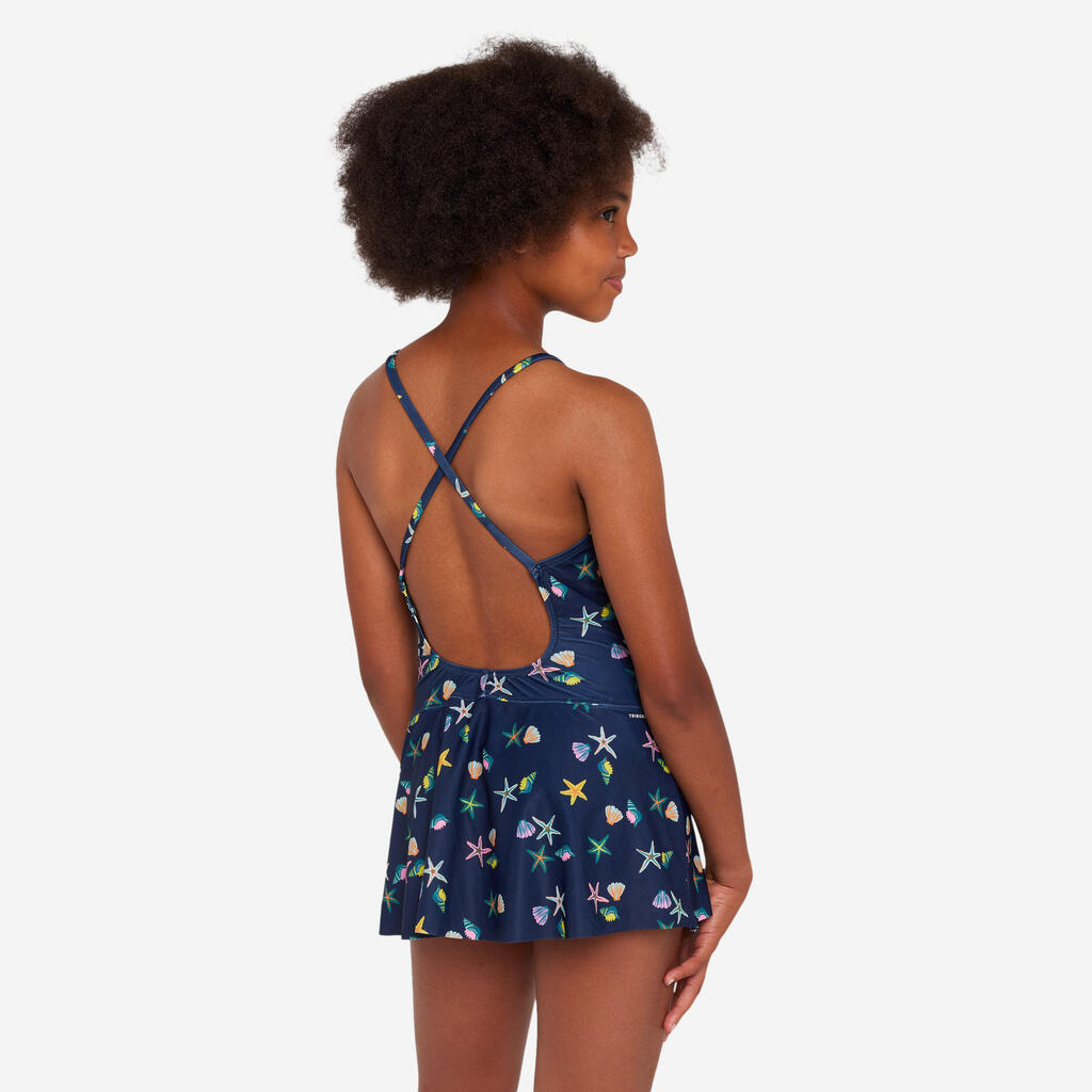 Maillot de bain 1 pièce jupette natation Fille - 100 Lila bleu
