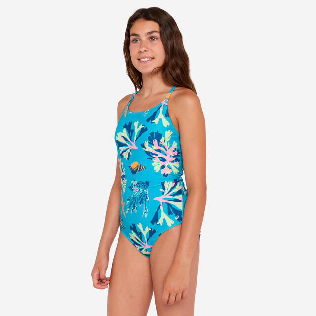 DECATHLON Traje de baño deportivo niña celeste estampado 1 pieza - Ataa pupu