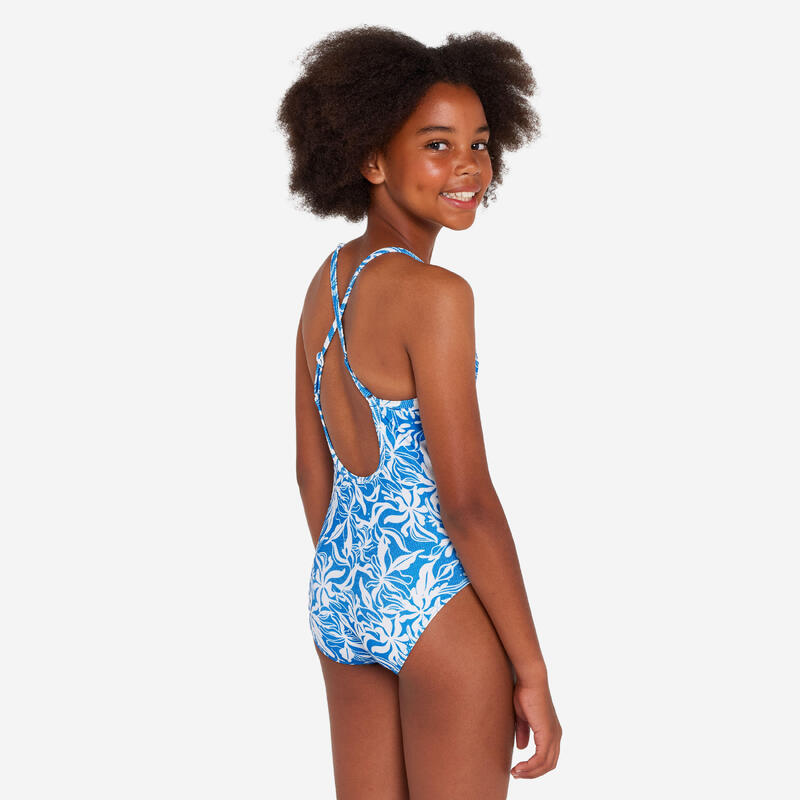 Maillot de bain une pièce surf bretelles croisées Fille - 500 Caly bleu et blanc