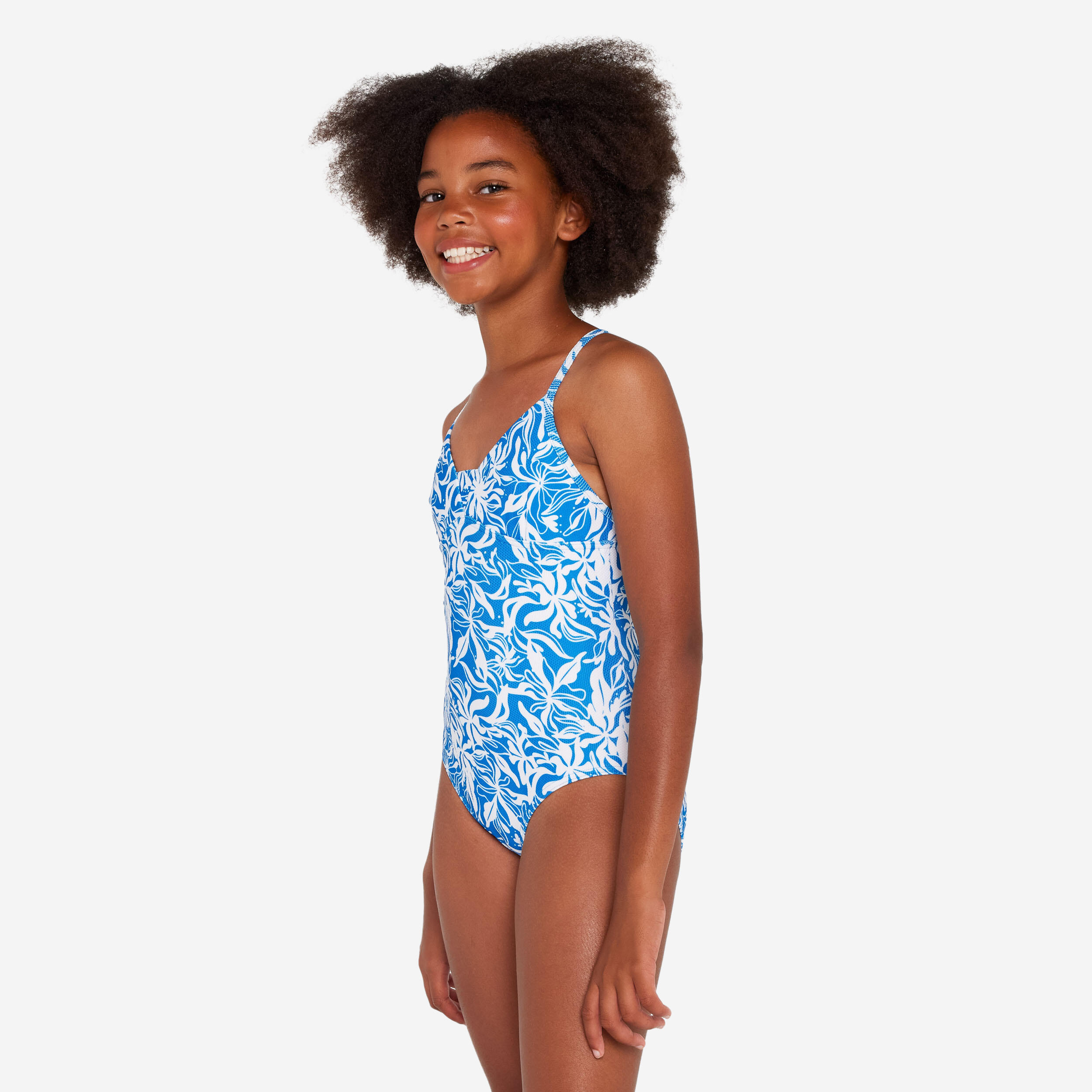 Girl’s one-piece surf swimsuit with cross-over straps - 500 Caly blue and white 3/6