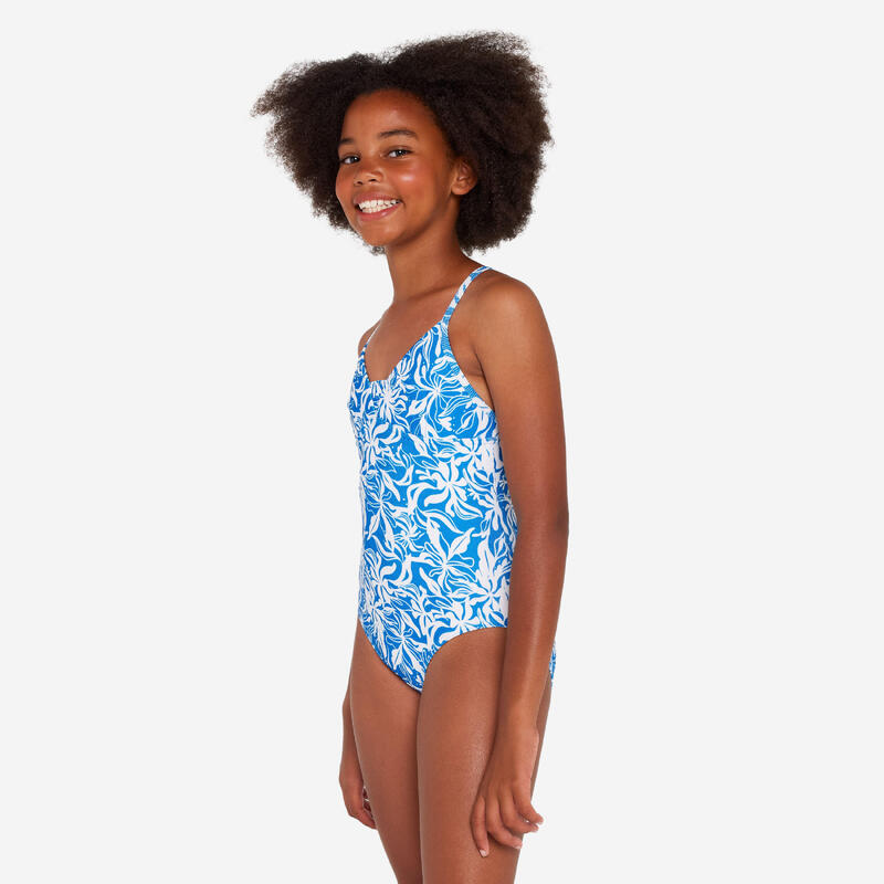 Maillot de bain une pièce surf bretelles croisées Fille - 500 Caly bleu et blanc