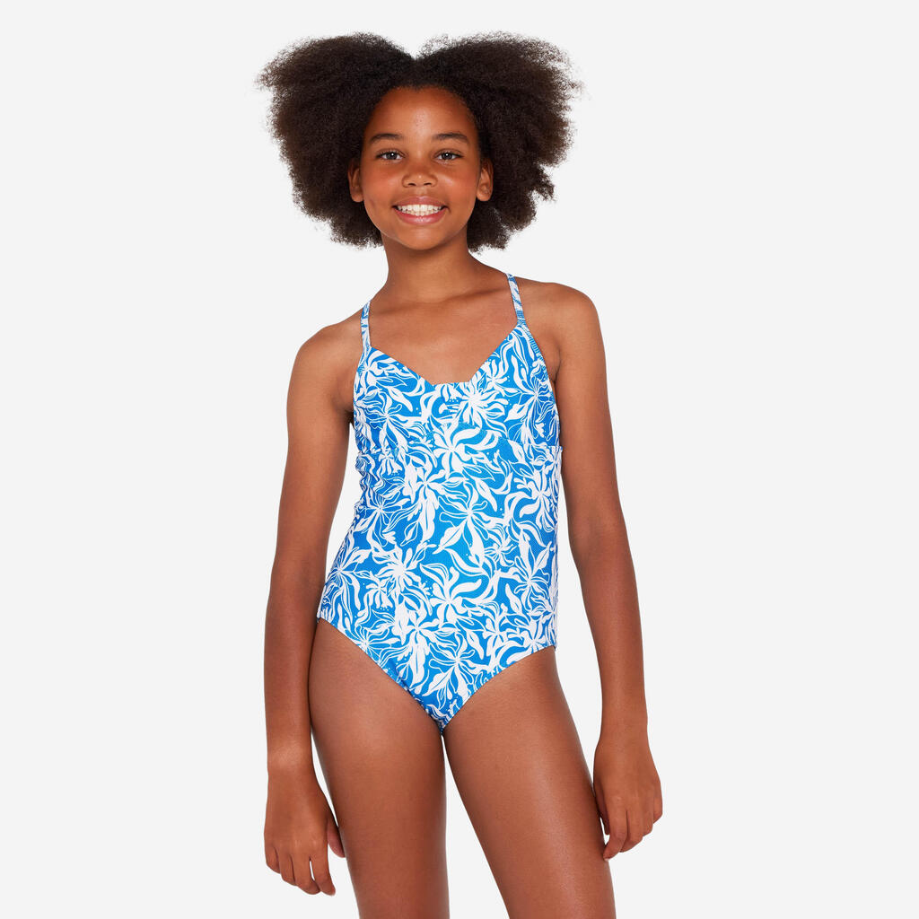 Girl’s one-piece surf swimsuit with cross-over straps - 500 Caly blue and white