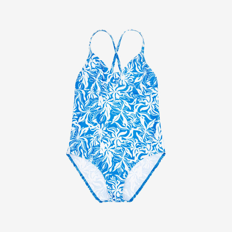Maillot de bain une pièce surf bretelles croisées Fille - 500 Caly bleu et blanc